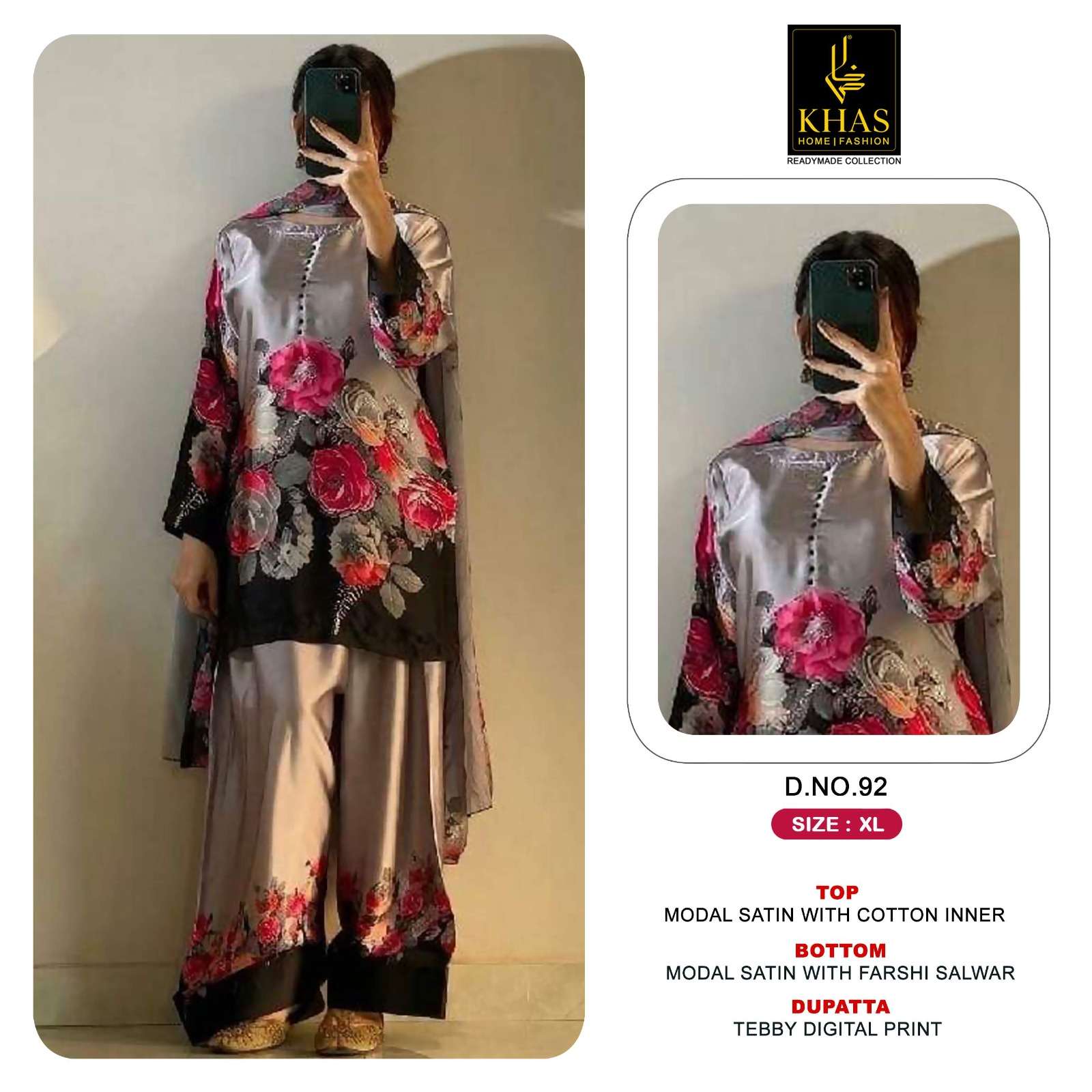 KHAS FASHION D NO 96  MODAL SATIN DESIGNER WORK READY MADE PAKISTANI SUIT
