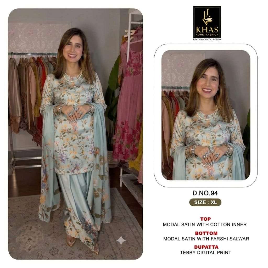 KHAS FASHION D NO 96  MODAL SATIN DESIGNER WORK READY MADE PAKISTANI SUIT