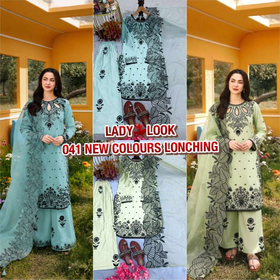  LADY LOOK 041 SATIN EMBROIDERY DESIGNER WORK PARTY WEAR TOP PLAZZO WITH DUPATTA SET 