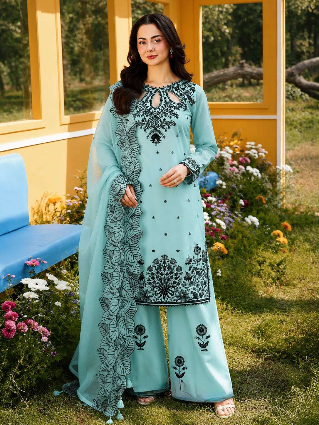  LADY LOOK 041 SATIN EMBROIDERY DESIGNER WORK PARTY WEAR TOP PLAZZO WITH DUPATTA SET 
