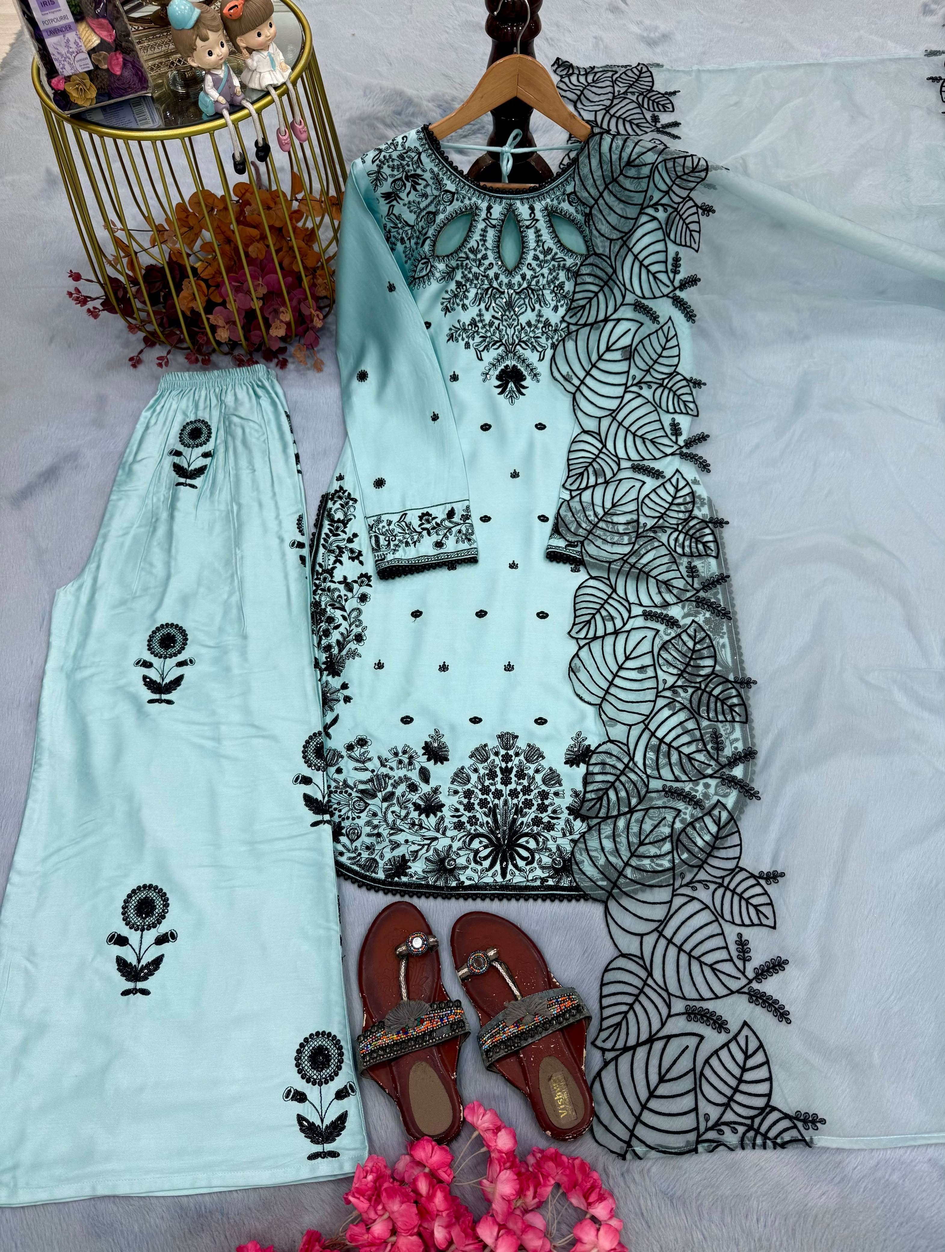  LADY LOOK 041 SATIN EMBROIDERY DESIGNER WORK PARTY WEAR TOP PLAZZO WITH DUPATTA SET 