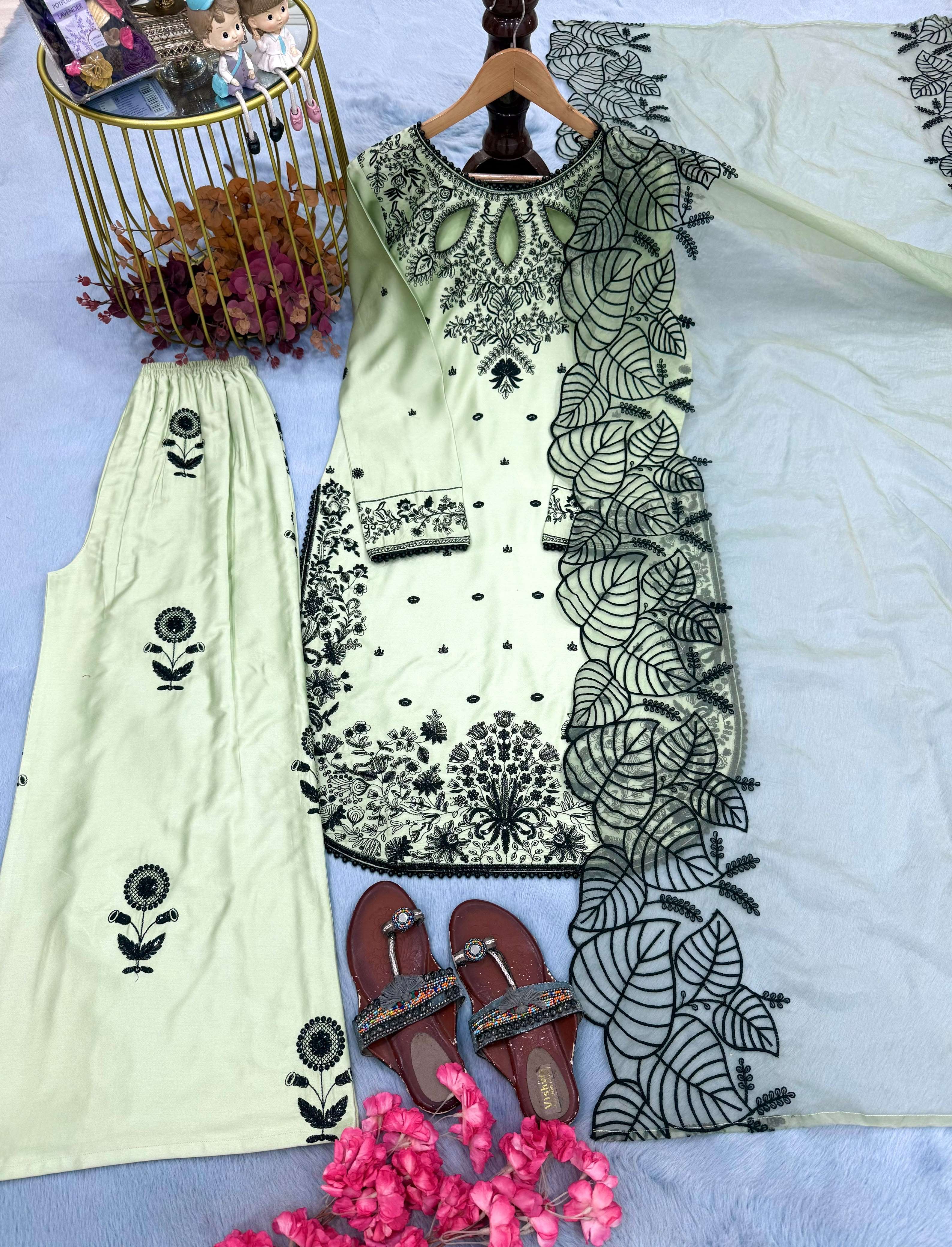  LADY LOOK 041 SATIN EMBROIDERY DESIGNER WORK PARTY WEAR TOP PLAZZO WITH DUPATTA SET 