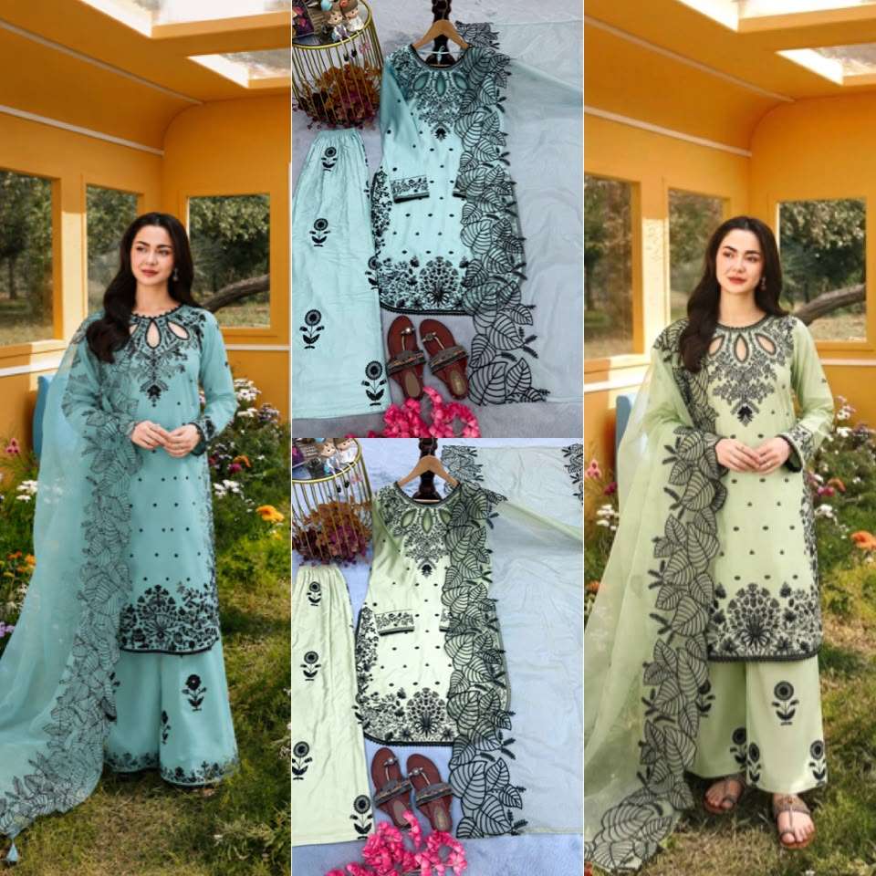  LADY LOOK 041 SATIN EMBROIDERY DESIGNER WORK PARTY WEAR TOP PLAZZO WITH DUPATTA SET 