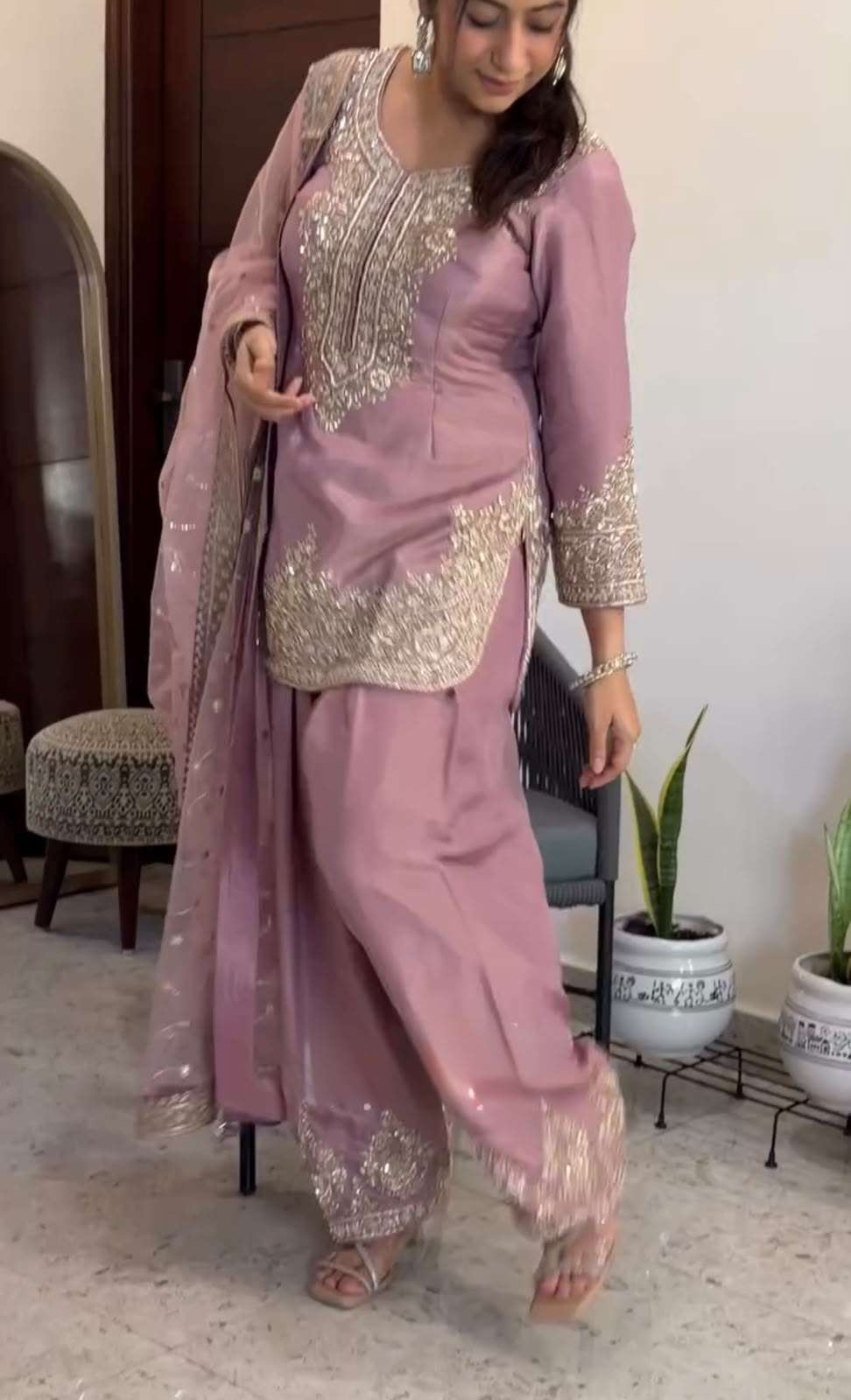 LADY LOOK 046 SILK BEAUTIFUL DESIGNER LOOK PARTY WEAR TOP FARSHI PLAZZO AND DUPATTA SET 
