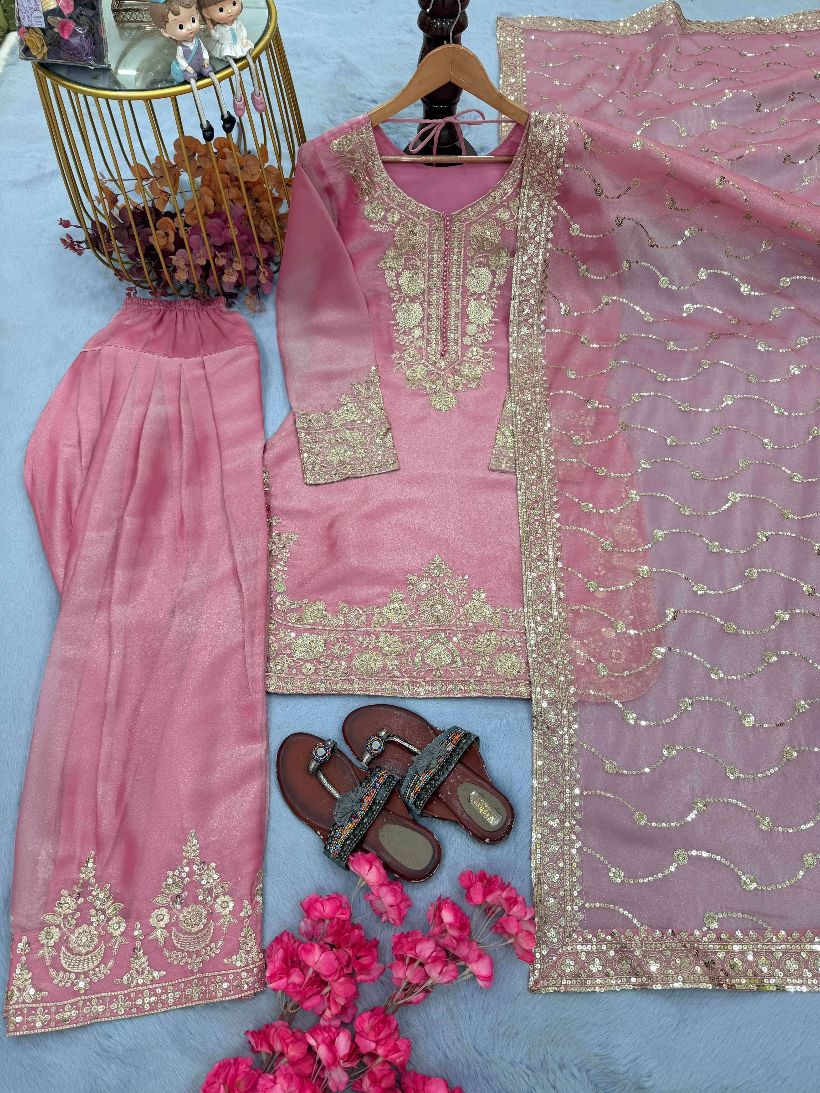 LADY LOOK 046 SILK BEAUTIFUL DESIGNER LOOK PARTY WEAR TOP FARSHI PLAZZO AND DUPATTA SET 