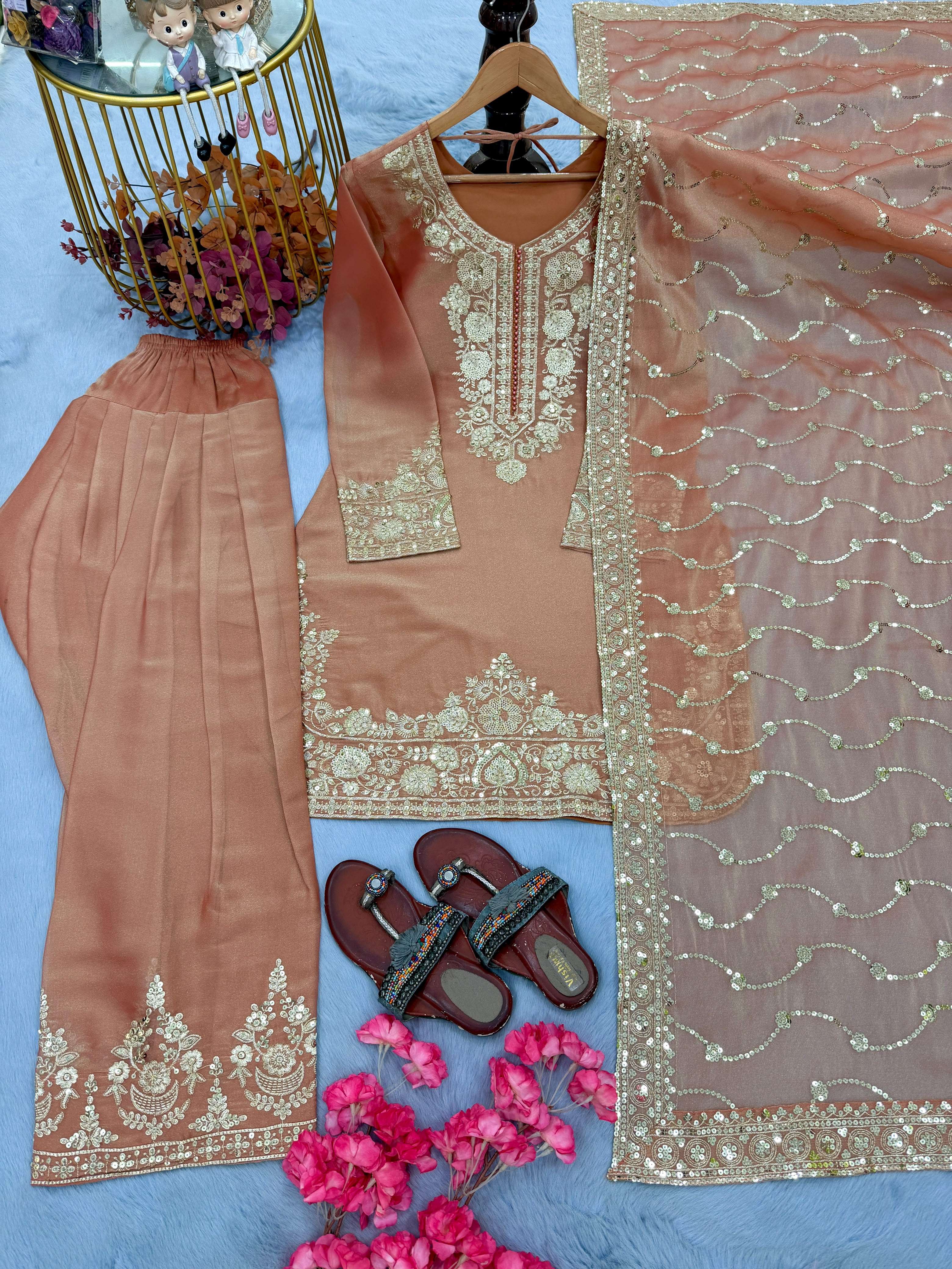 LADY LOOK 046 SILK BEAUTIFUL DESIGNER LOOK PARTY WEAR TOP FARSHI PLAZZO AND DUPATTA SET 