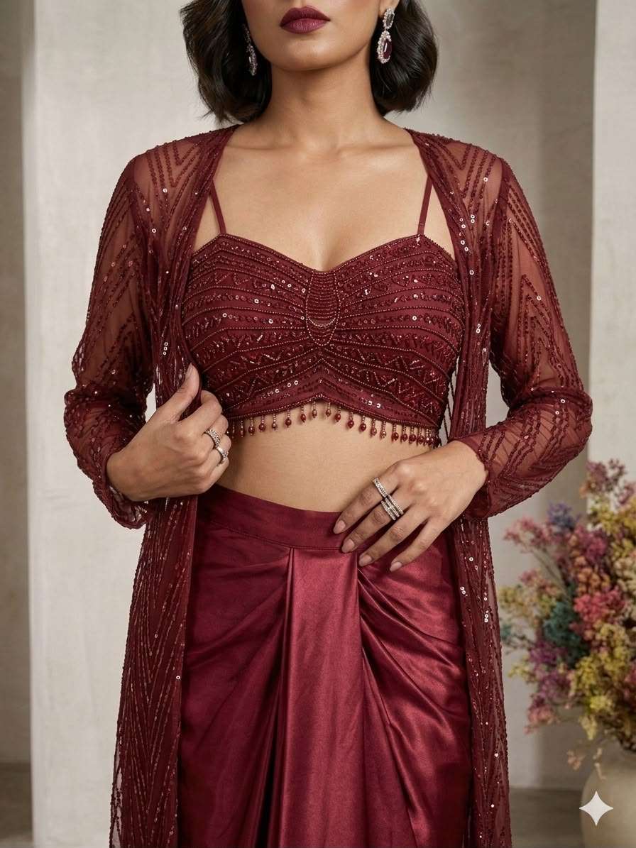 LM 21 PARTY WEAR INDO WESTERN STYLE BLOUSE SKIRT AND SHRUG SET