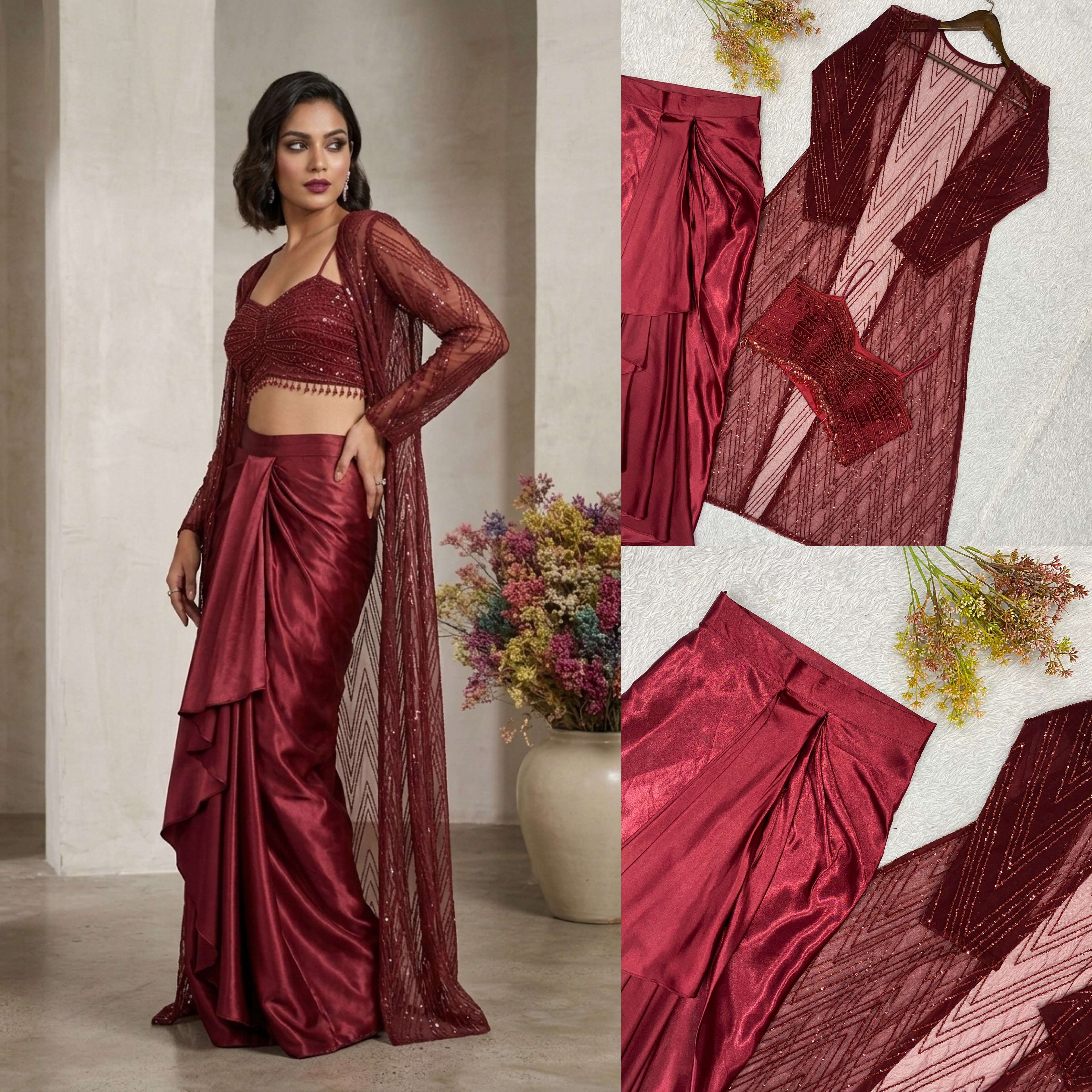 LM 21 PARTY WEAR INDO WESTERN STYLE BLOUSE SKIRT AND SHRUG SET