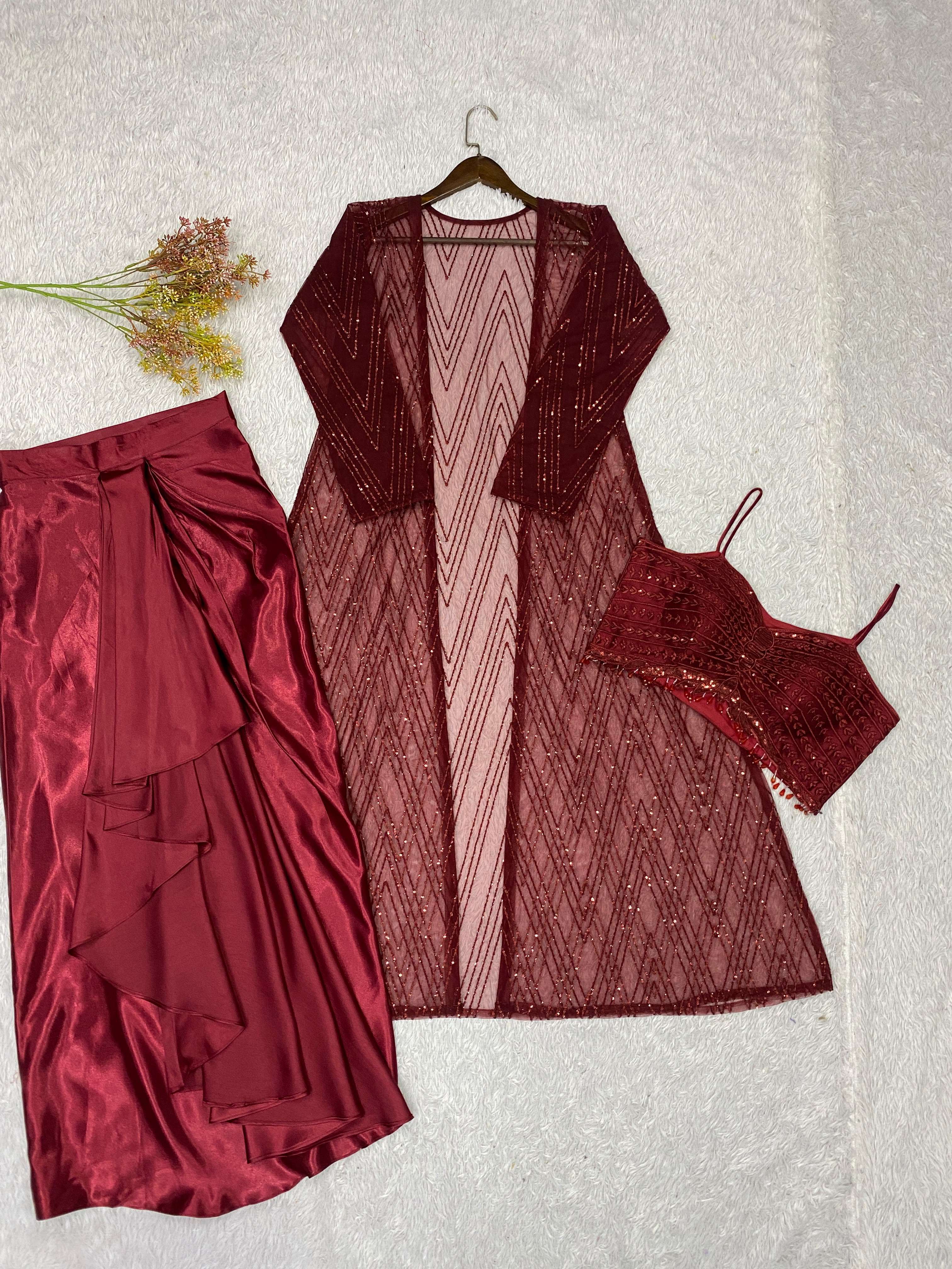 LM 21 PARTY WEAR INDO WESTERN STYLE BLOUSE SKIRT AND SHRUG SET