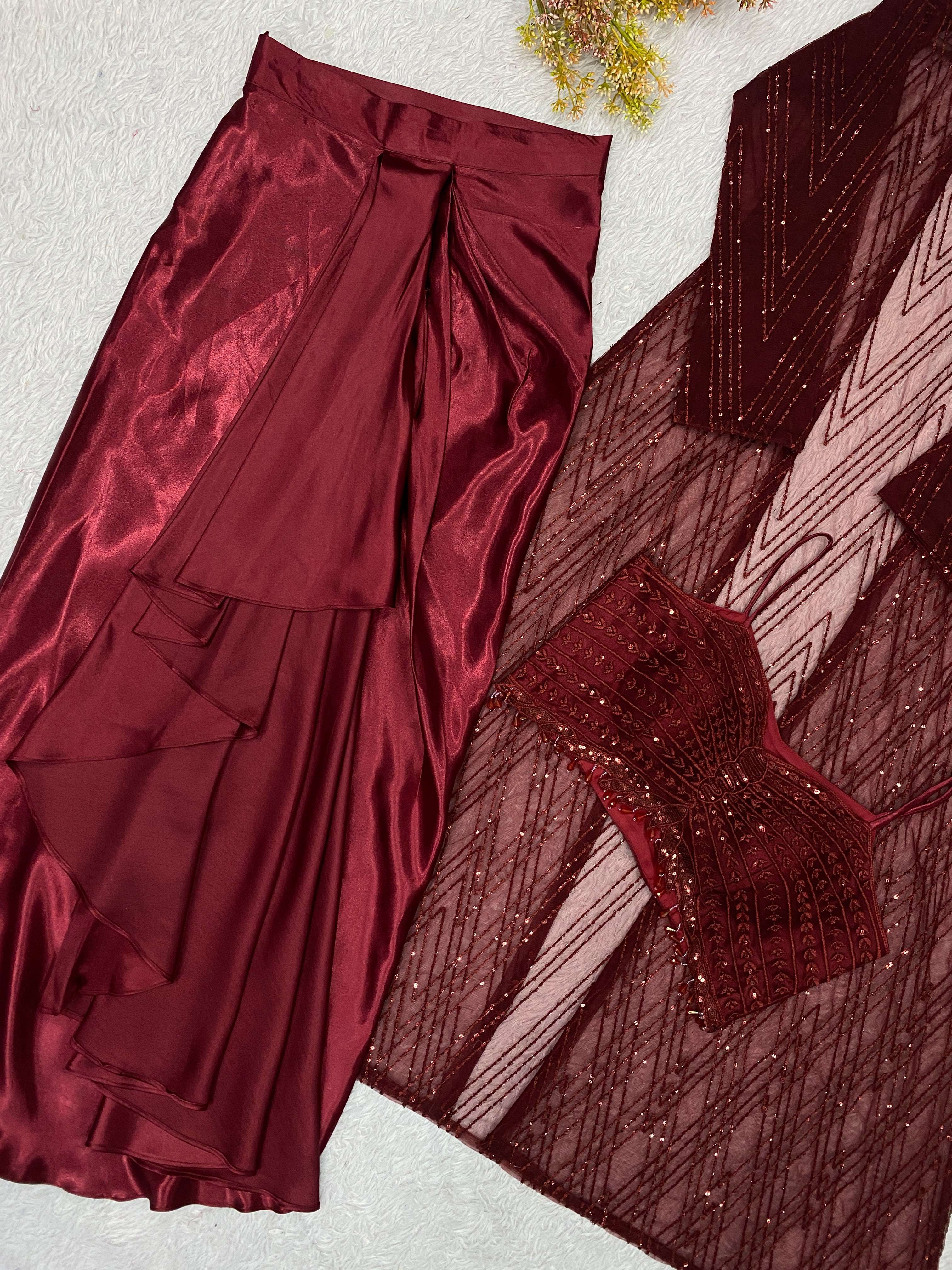 LM 21 PARTY WEAR INDO WESTERN STYLE BLOUSE SKIRT AND SHRUG SET