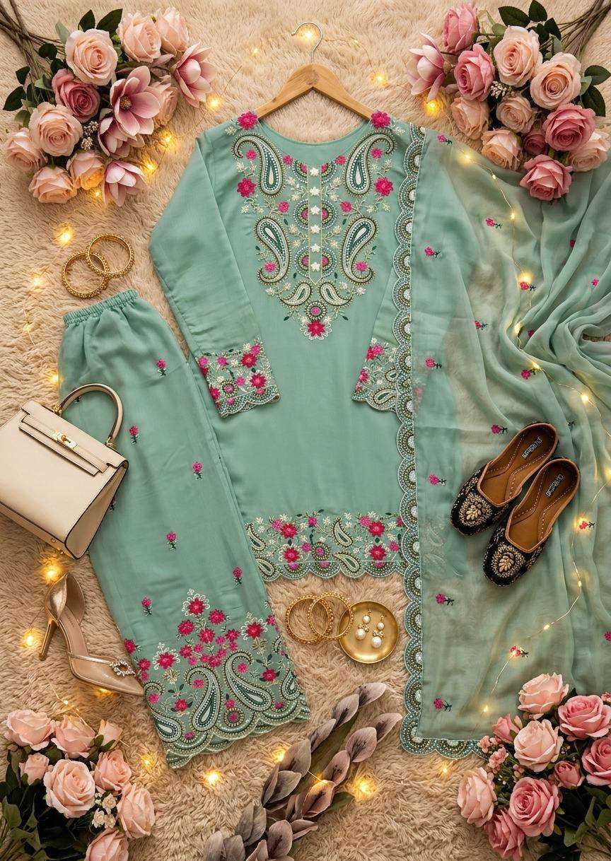 MT 1078 SILK SEQUENCES DESIGNER WORK  3 PIS SUIT SET
