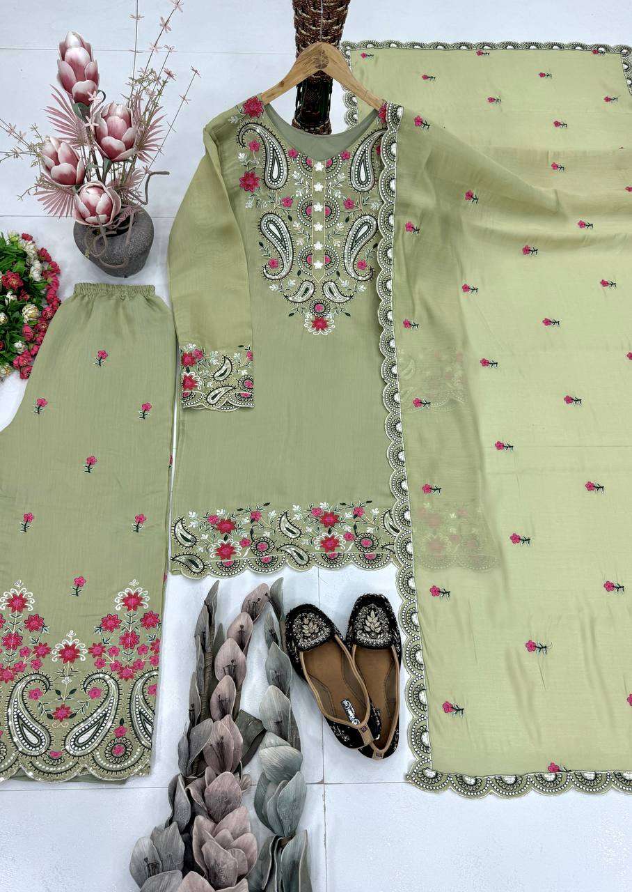 MT 1078 SILK SEQUENCES DESIGNER WORK  3 PIS SUIT SET