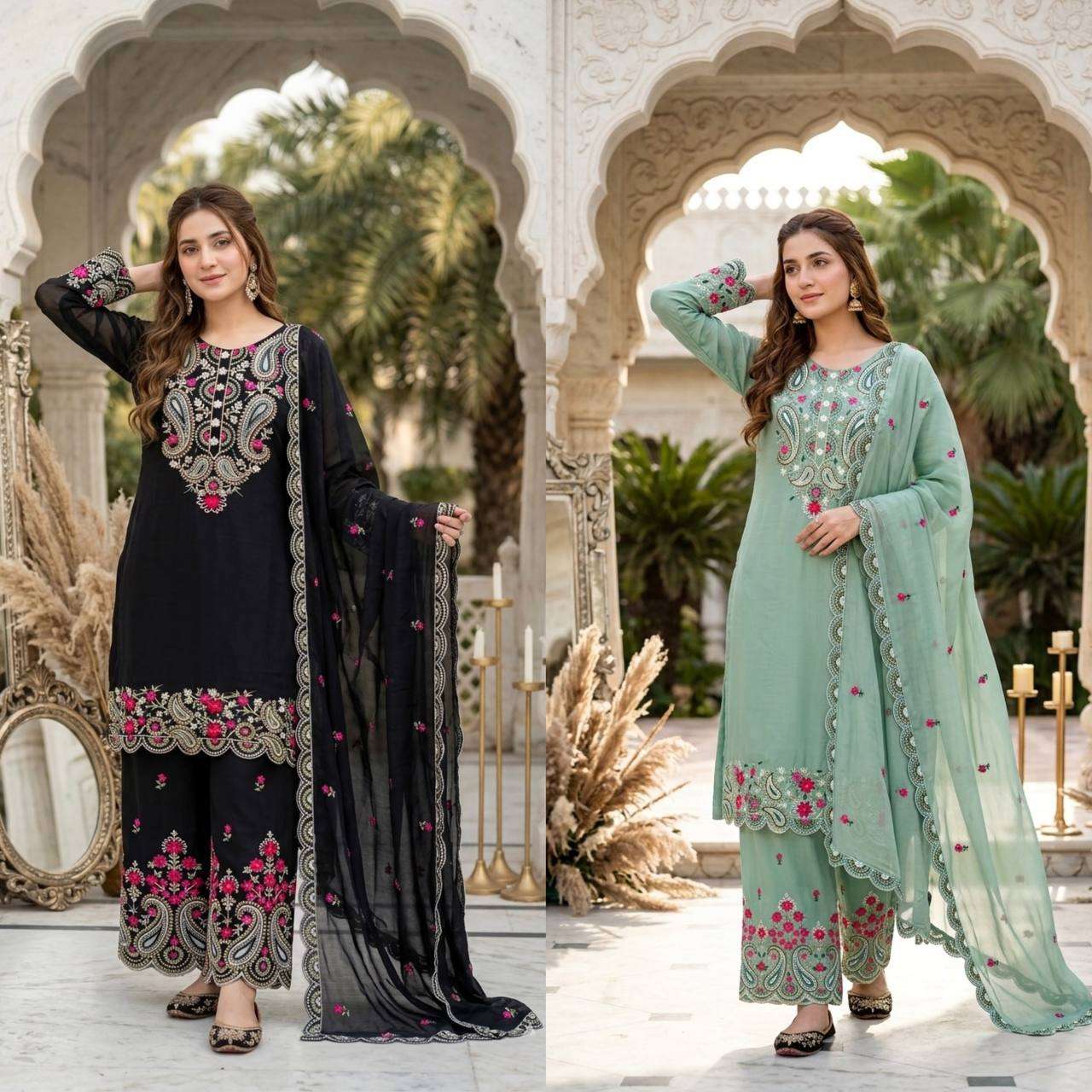 MT 1078 SILK SEQUENCES DESIGNER WORK  3 PIS SUIT SET