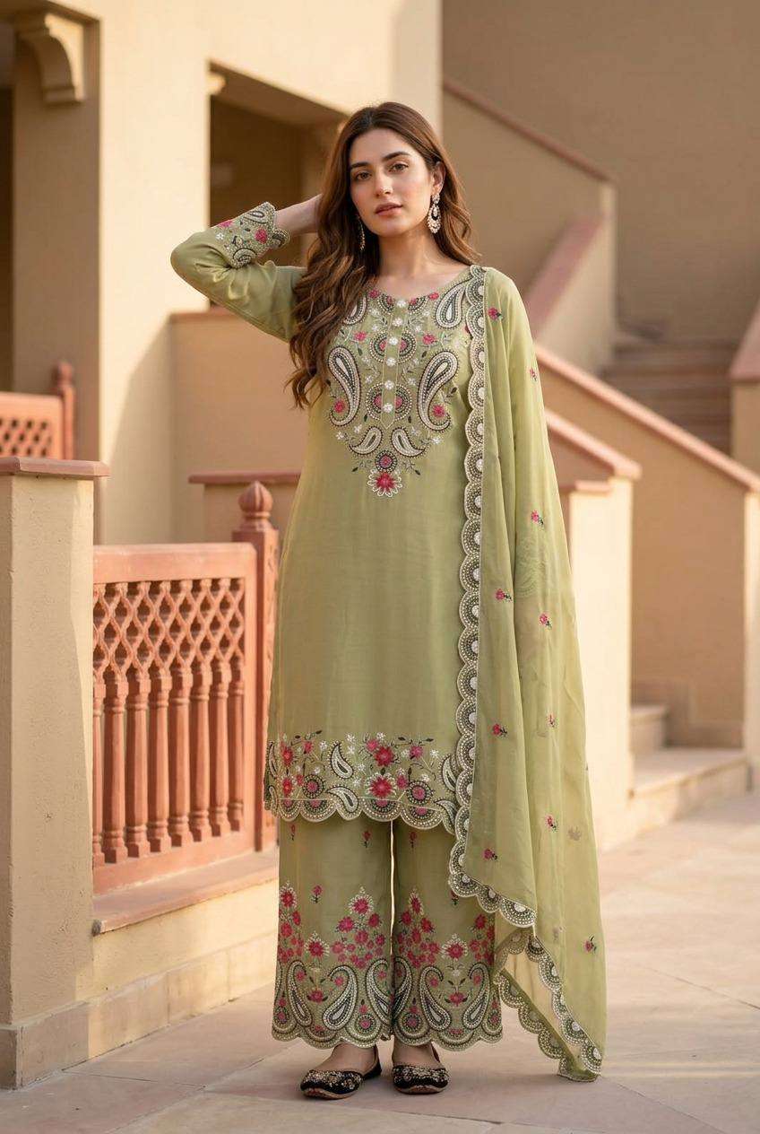 MT 1078 SILK SEQUENCES DESIGNER WORK  3 PIS SUIT SET
