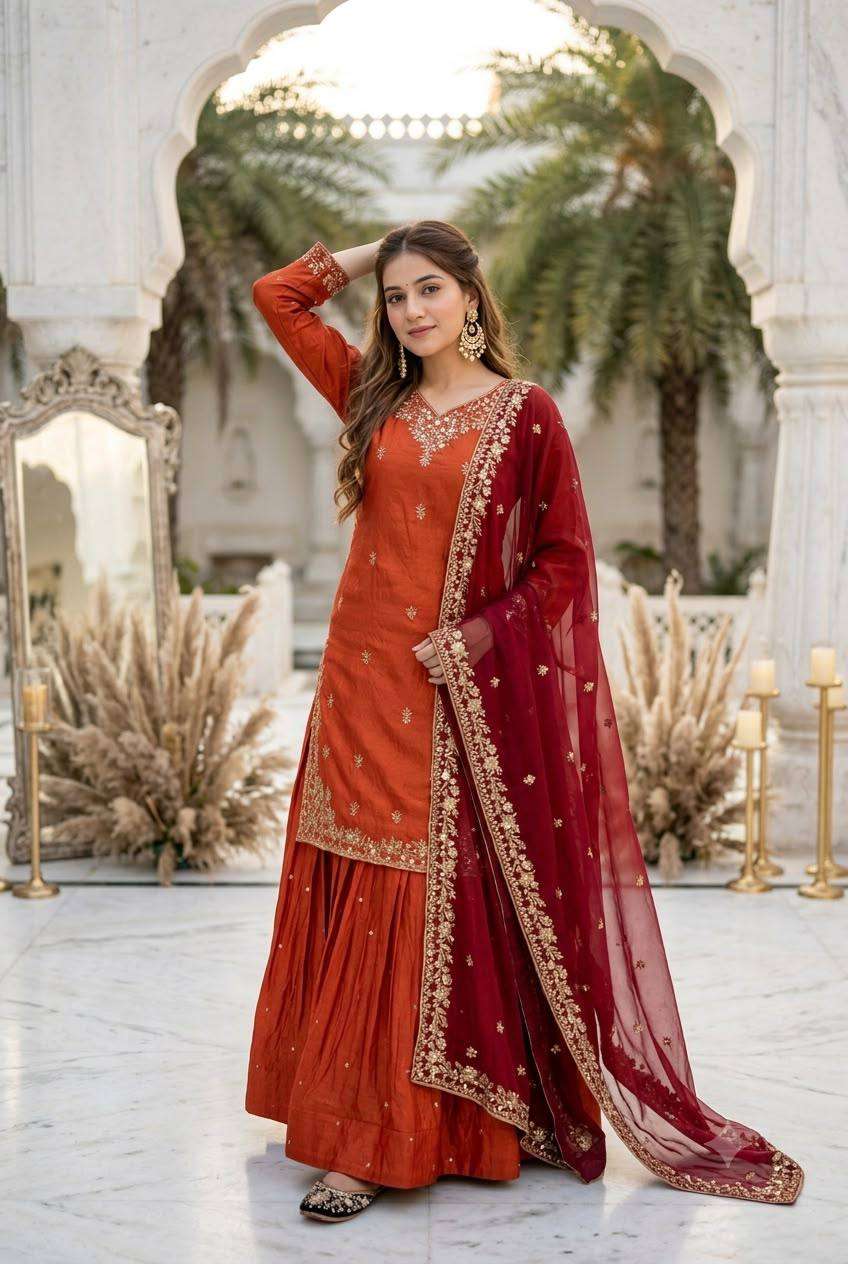 MT 1080 SILK HEAVY EMBROIDERY DESIGNER  TOP WITH LEHENGA AND DUPATTA SET 