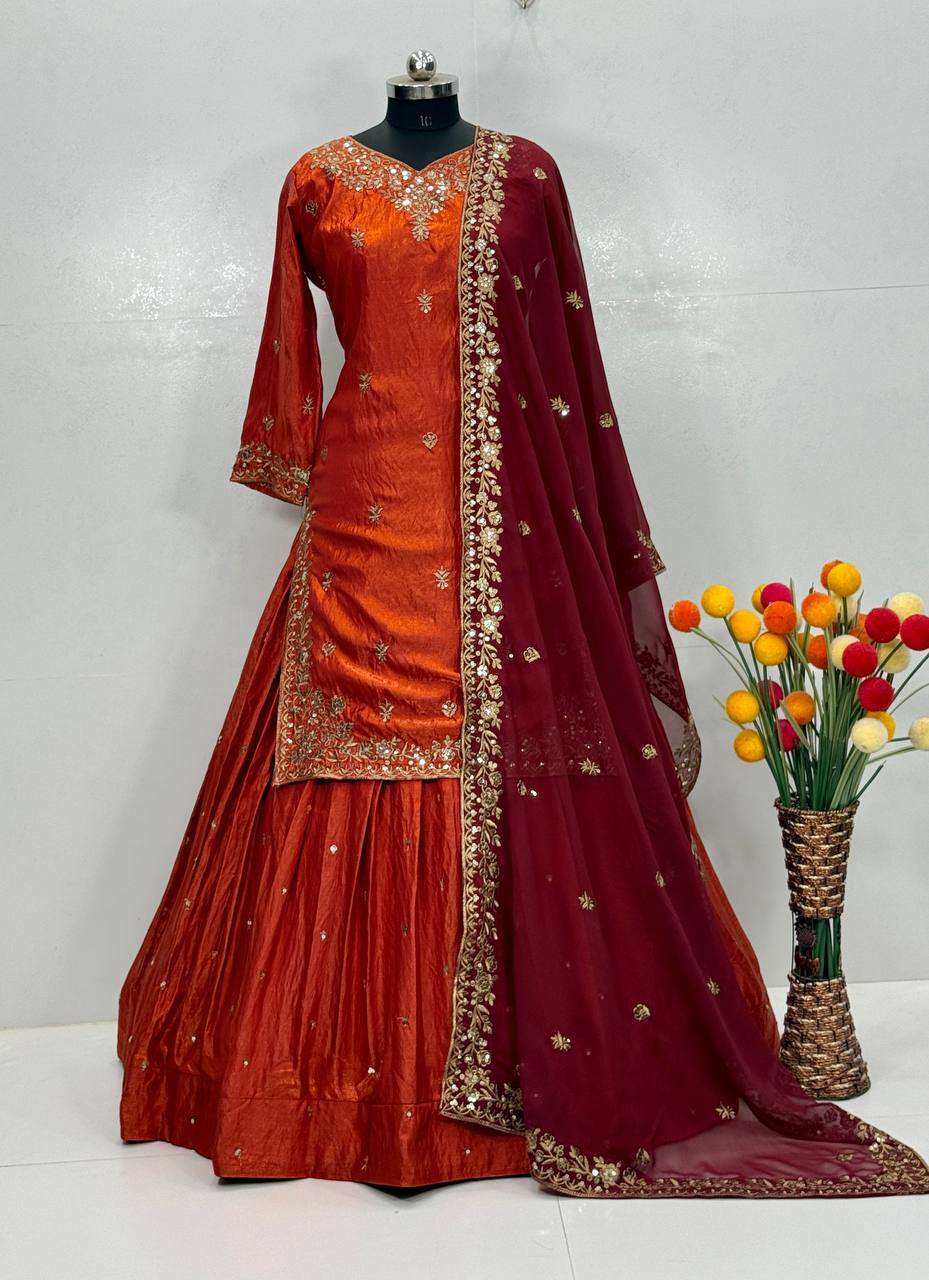 MT 1080 SILK HEAVY EMBROIDERY DESIGNER  TOP WITH LEHENGA AND DUPATTA SET 