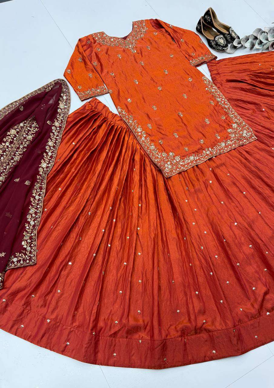MT 1080 SILK HEAVY EMBROIDERY DESIGNER  TOP WITH LEHENGA AND DUPATTA SET 