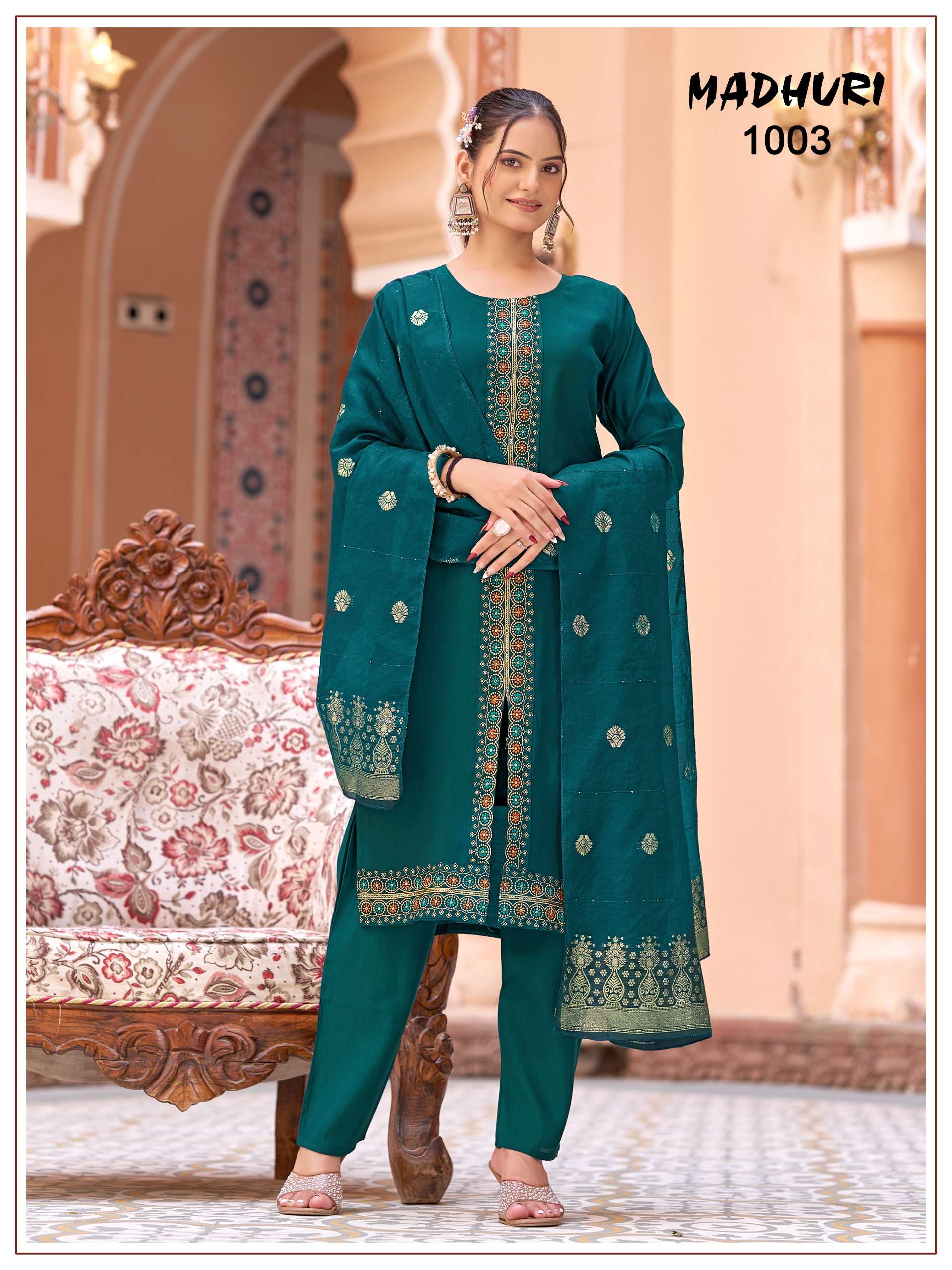 MUKESH MADHURI CHANDERI SILK HEAVY EMBROIDERY WORK KURTI BOTTOM AND DUPATTA SET 