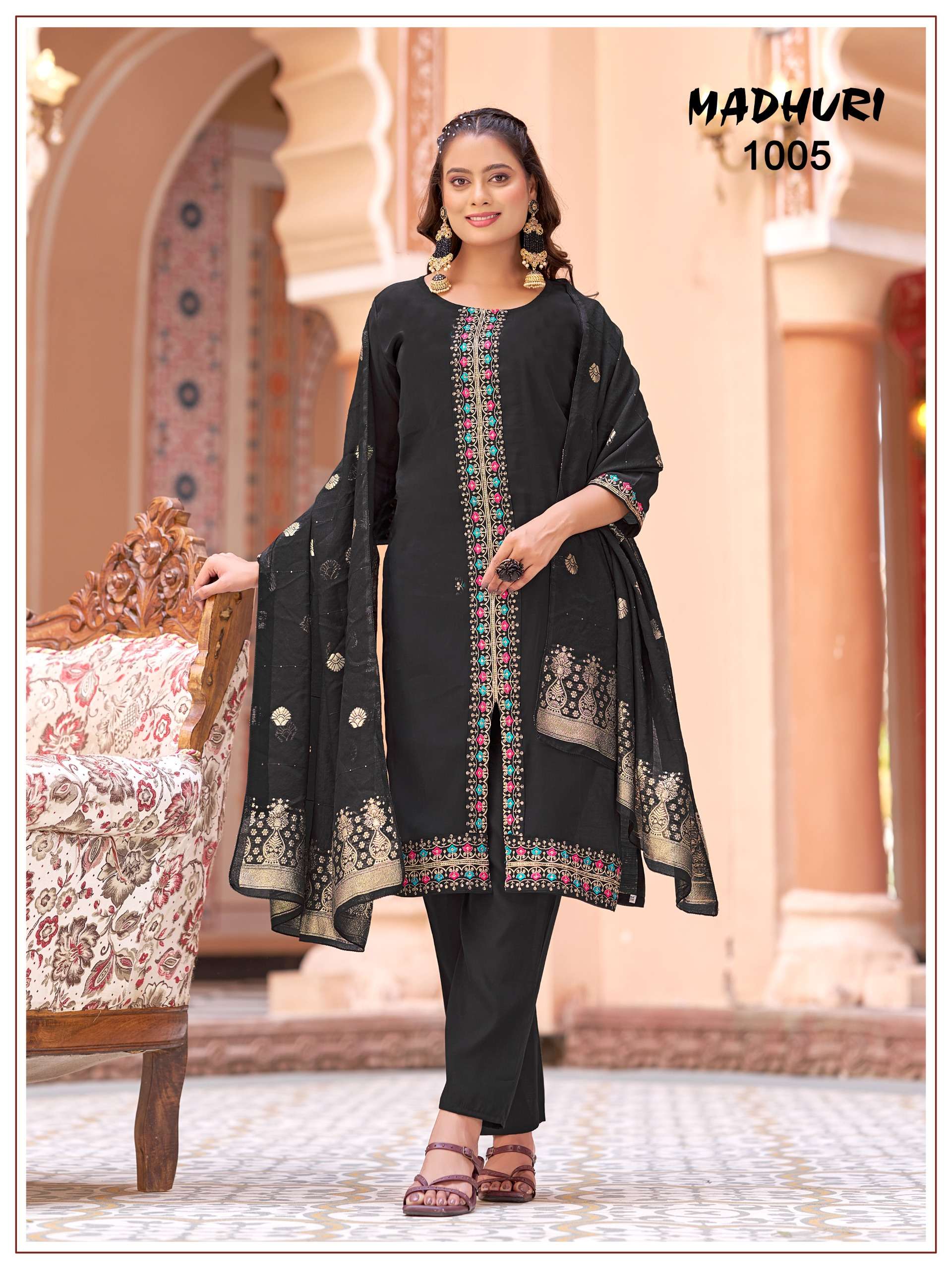 MUKESH MADHURI CHANDERI SILK HEAVY EMBROIDERY WORK KURTI BOTTOM AND DUPATTA SET 