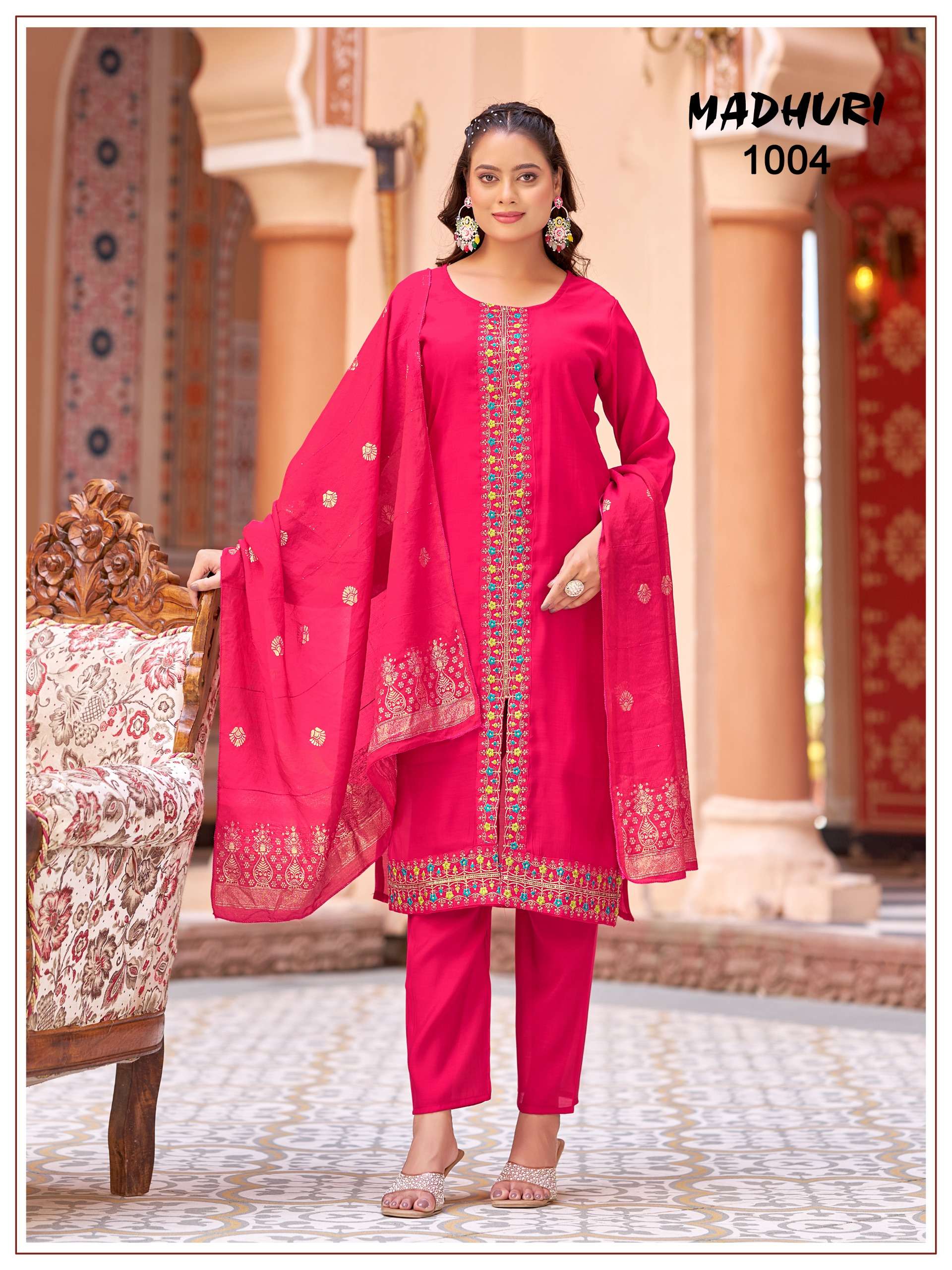 MUKESH MADHURI CHANDERI SILK HEAVY EMBROIDERY WORK KURTI BOTTOM AND DUPATTA SET 