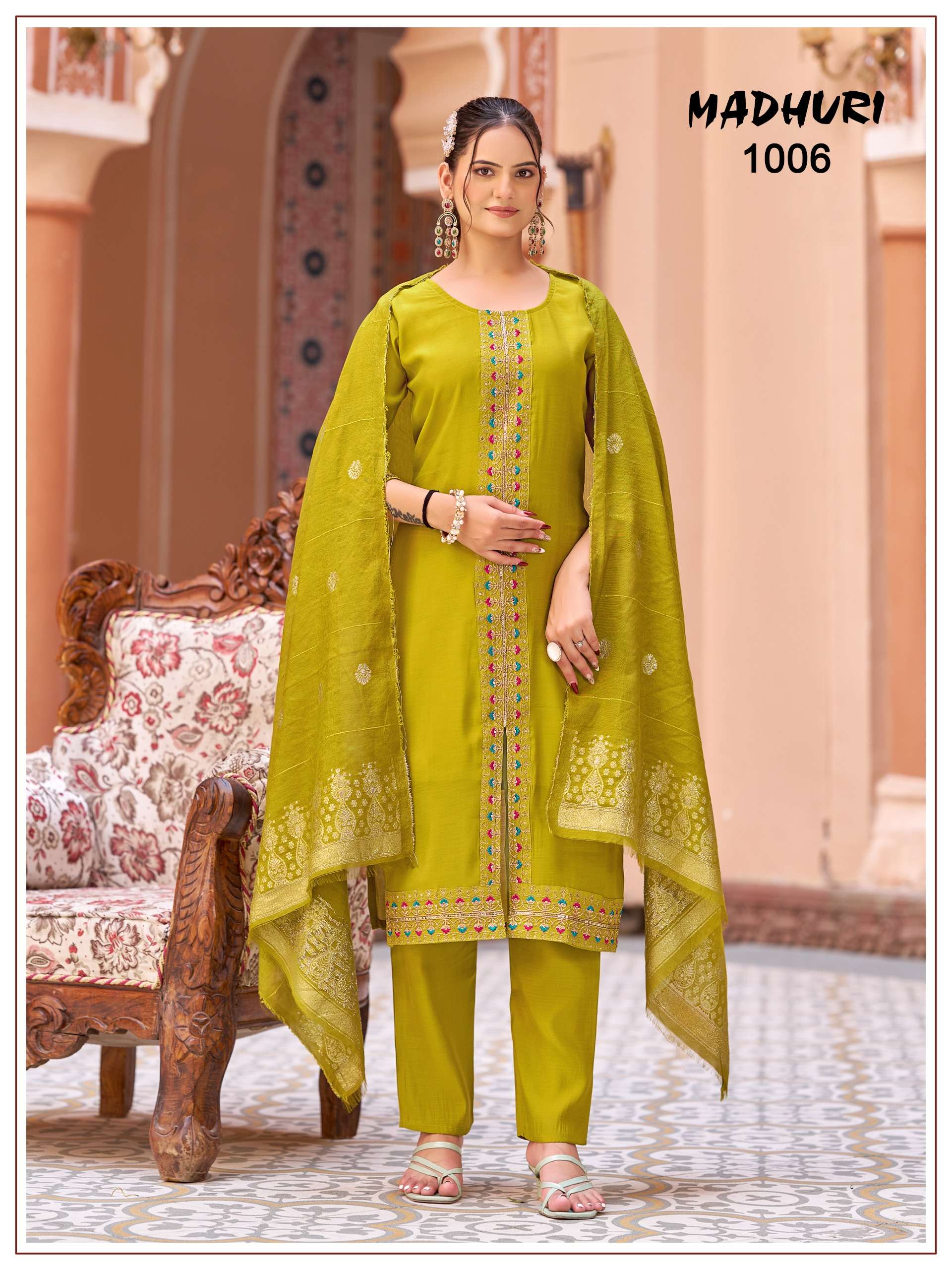 MUKESH MADHURI CHANDERI SILK HEAVY EMBROIDERY WORK KURTI BOTTOM AND DUPATTA SET 