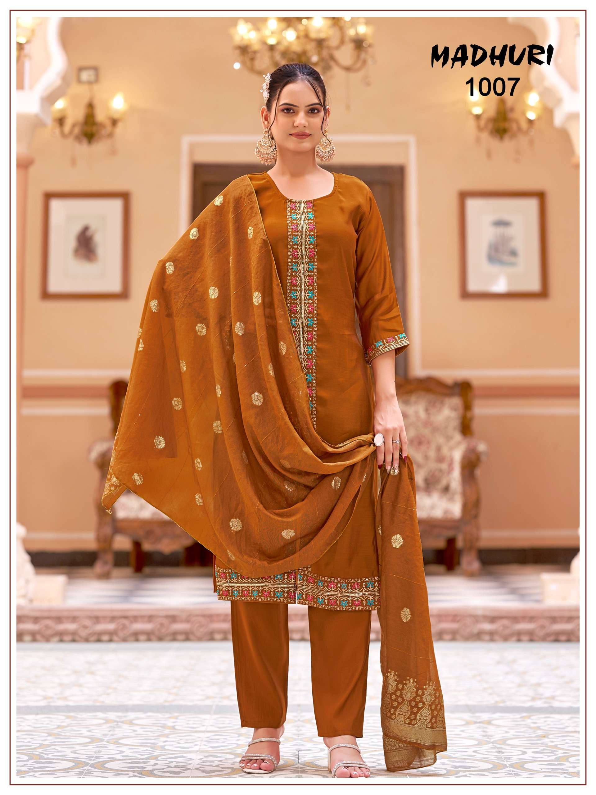 MUKESH MADHURI CHANDERI SILK HEAVY EMBROIDERY WORK KURTI BOTTOM AND DUPATTA SET 