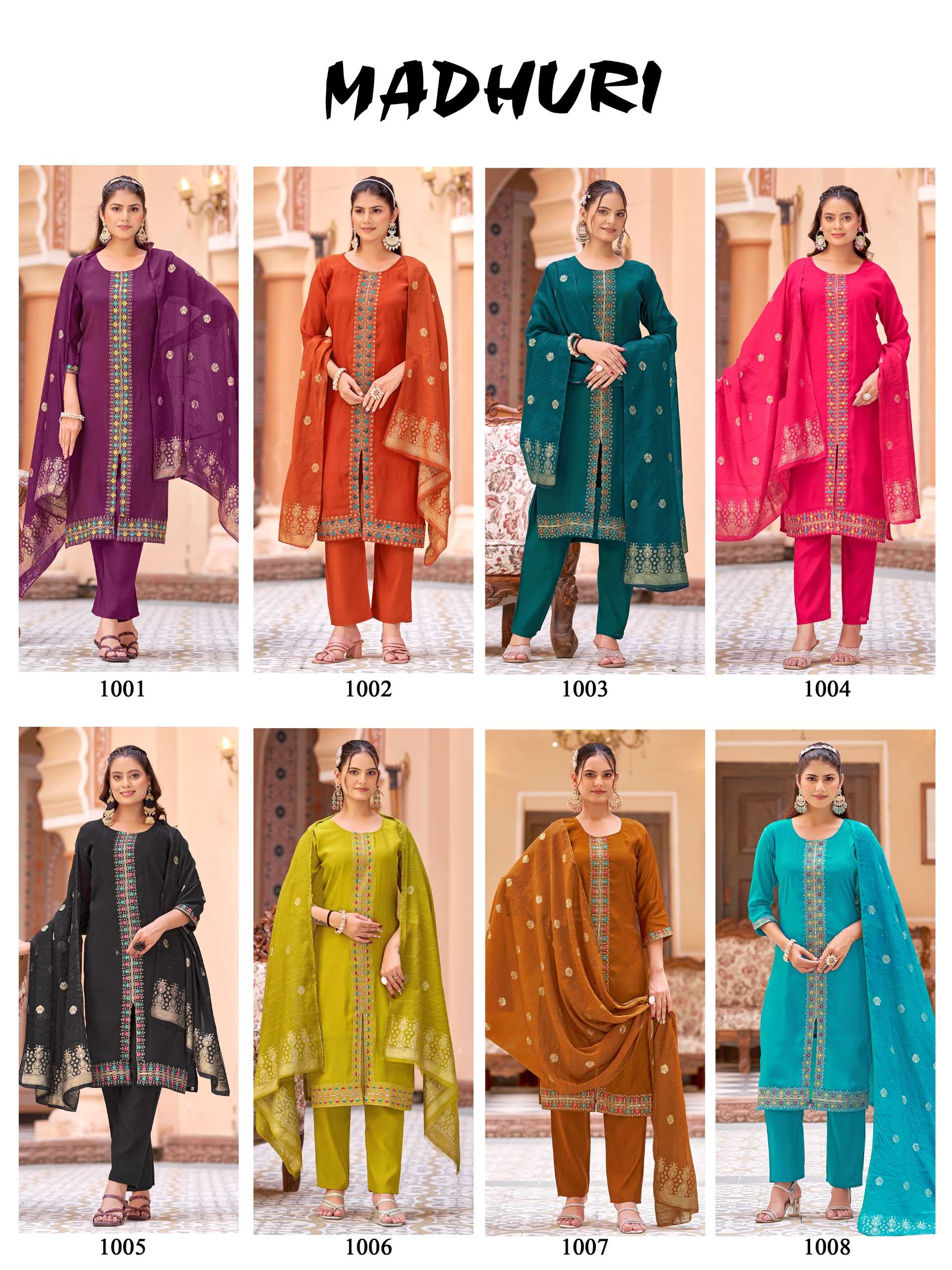 MUKESH MADHURI CHANDERI SILK HEAVY EMBROIDERY WORK KURTI BOTTOM AND DUPATTA SET 