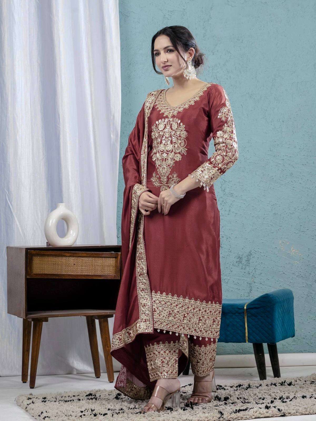 ND 5034 CHINON SILK SEQUENCE EMBROIDERY DESIGNER WORK LADIES SUIT