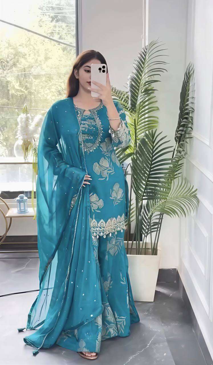 NSR 900 GEORGETTE DESIGNER PARTY WEAR LADIES TOP PLAZZO AND DUPATTA SET 