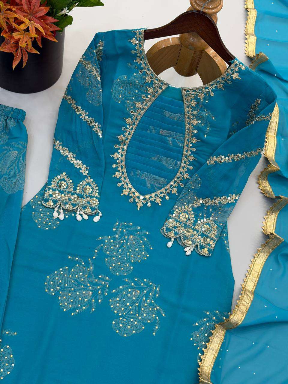 NSR 900 GEORGETTE DESIGNER PARTY WEAR LADIES TOP PLAZZO AND DUPATTA SET 