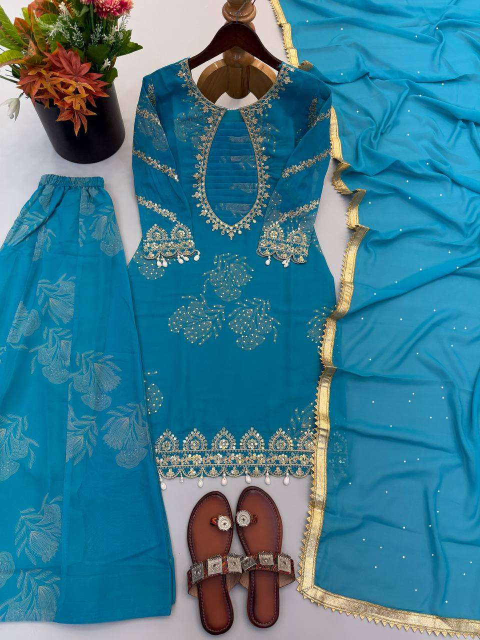 NSR 900 GEORGETTE DESIGNER PARTY WEAR LADIES TOP PLAZZO AND DUPATTA SET 