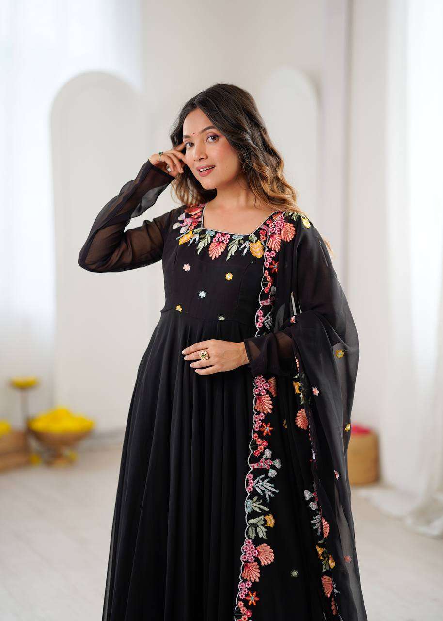 NSR 901 GEORGETTE SEQUENCE EMBROIDERY DESIGNER WORK ANARKALI STYLE GOWN PANT WITH DUPATTA 
