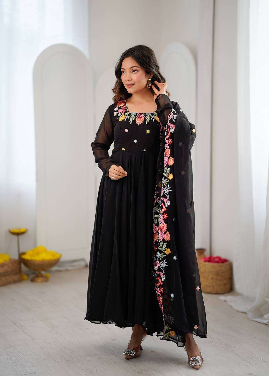 NSR 901 GEORGETTE SEQUENCE EMBROIDERY DESIGNER WORK ANARKALI STYLE GOWN PANT WITH DUPATTA 