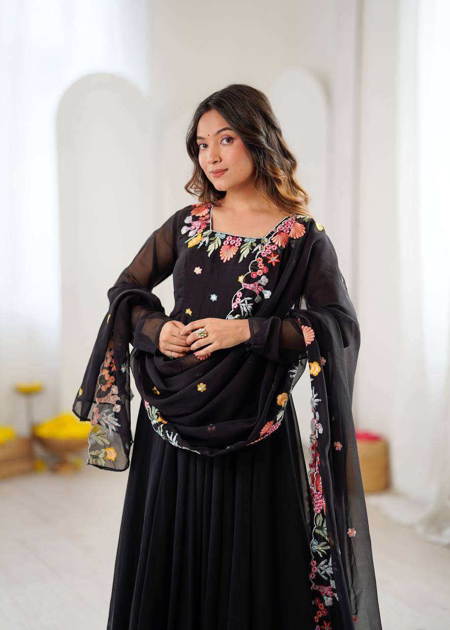 NSR 901 GEORGETTE SEQUENCE EMBROIDERY DESIGNER WORK ANARKALI STYLE GOWN PANT WITH DUPATTA 