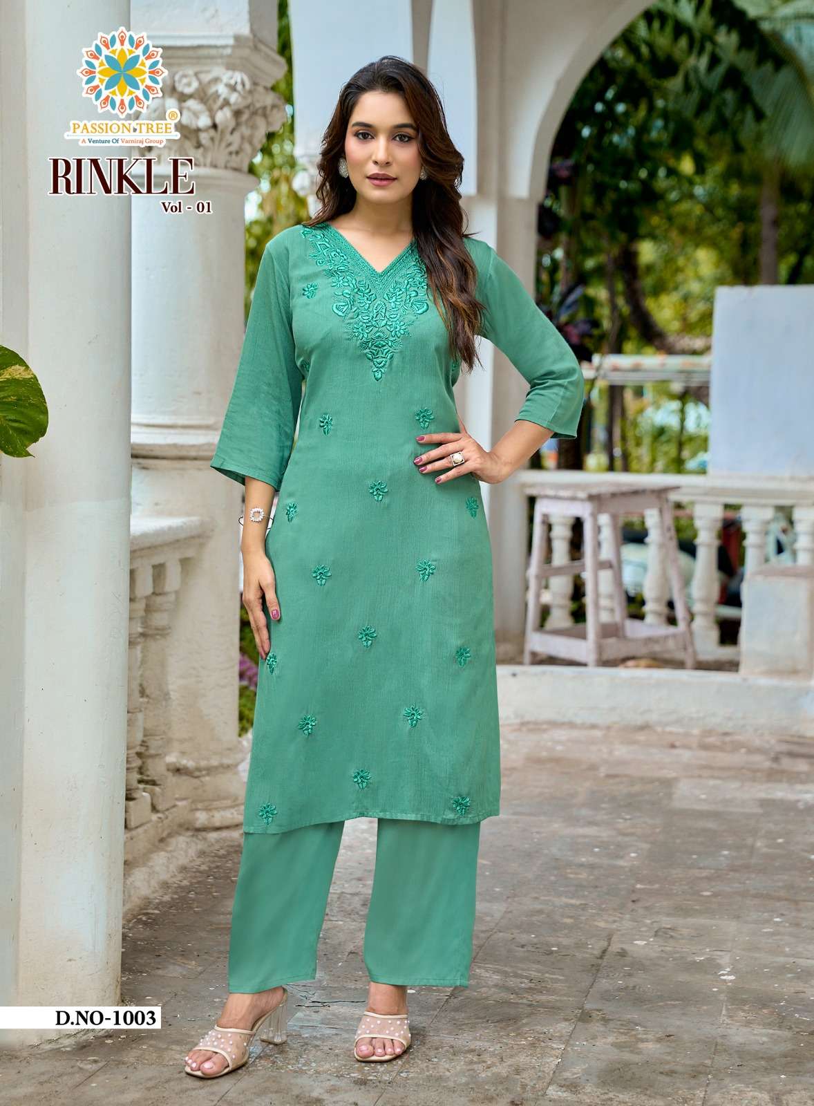 PASSION TREE RINKLE VOL 1 RAYON FANCY WORKS LADIES KURTI WITH PLAZZO PAIR 