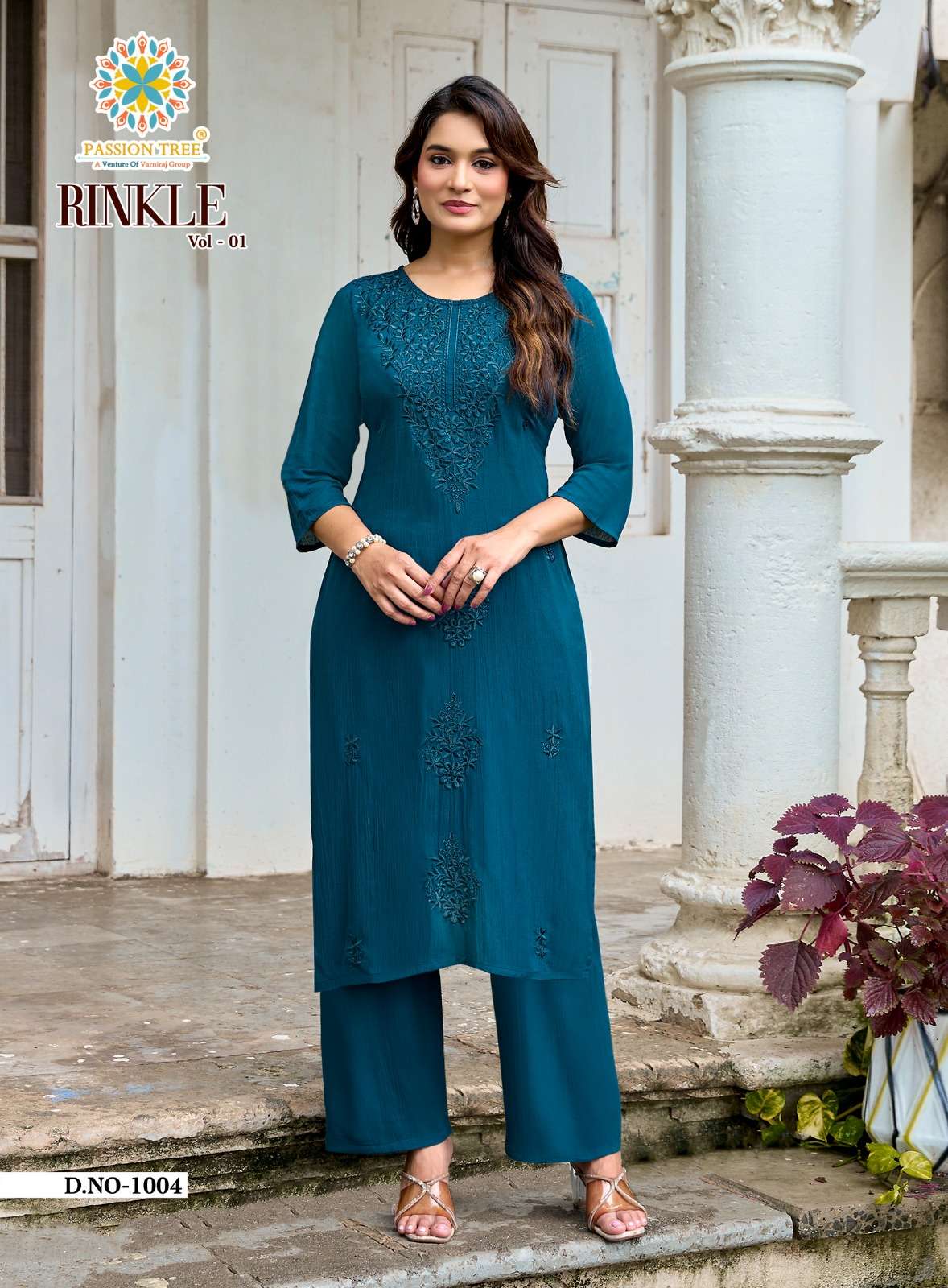 PASSION TREE RINKLE VOL 1 RAYON FANCY WORKS LADIES KURTI WITH PLAZZO PAIR 