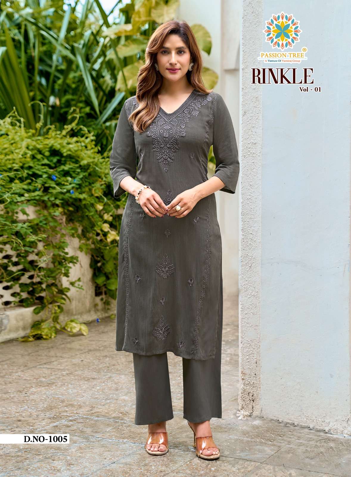 PASSION TREE RINKLE VOL 1 RAYON FANCY WORKS LADIES KURTI WITH PLAZZO PAIR 