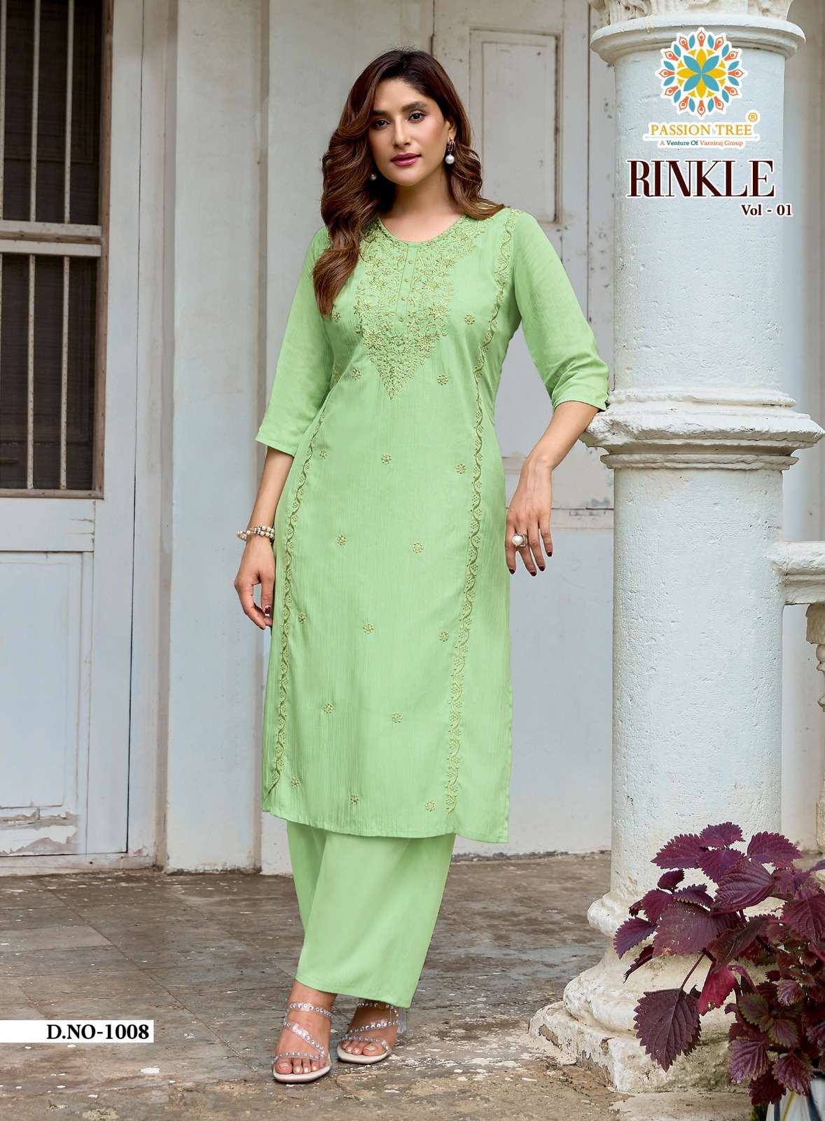 PASSION TREE RINKLE VOL 1 RAYON FANCY WORKS LADIES KURTI WITH PLAZZO PAIR 