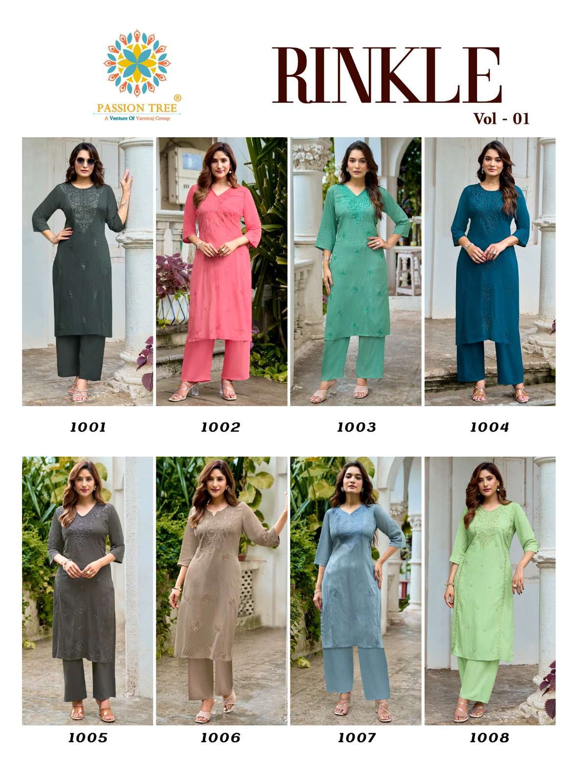 PASSION TREE RINKLE VOL 1 RAYON FANCY WORKS LADIES KURTI WITH PLAZZO PAIR 