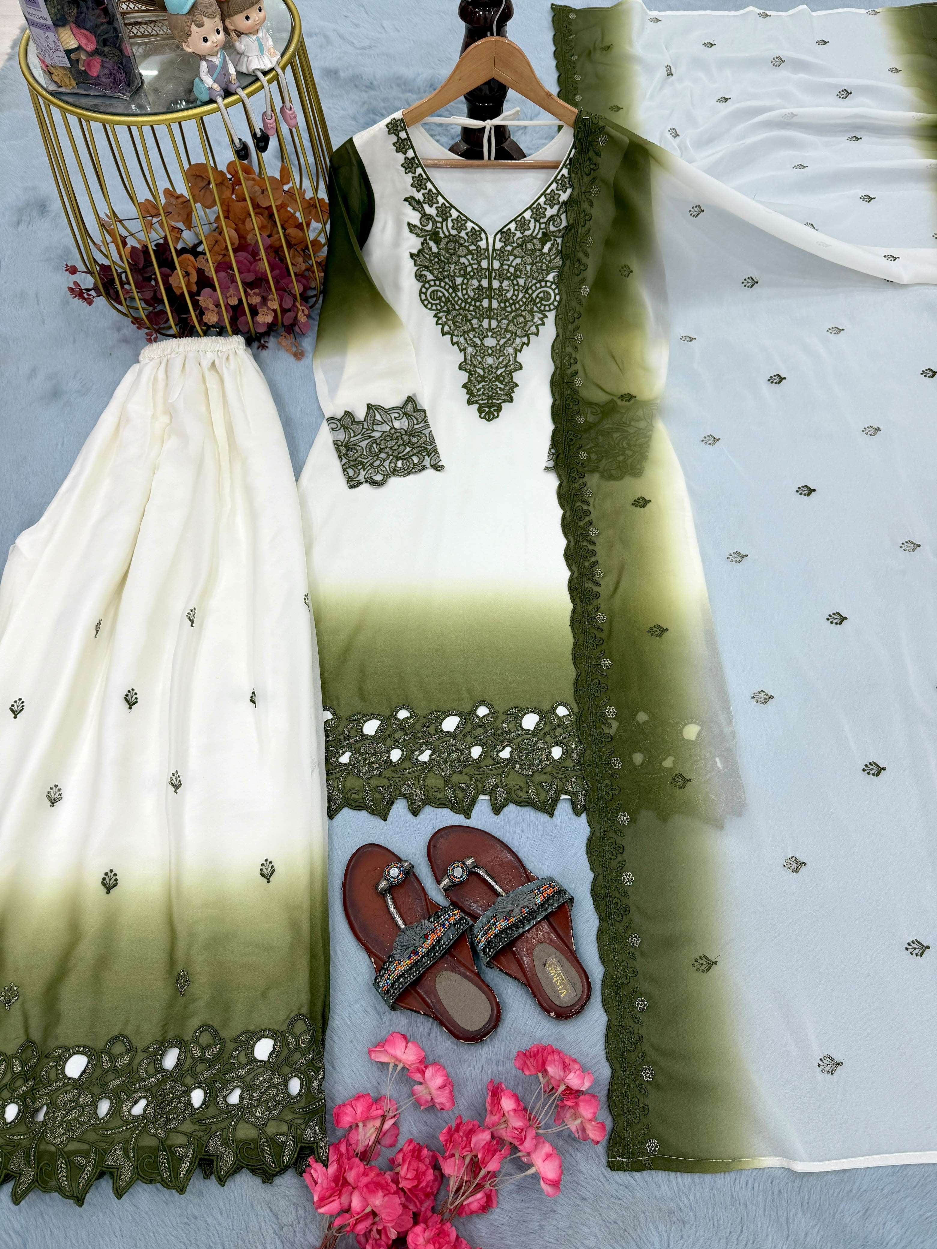 PD 1156 DUAL TONE GEORGETTE FABRIC BEAUTIFUL DESIGNER TOP PLAZZO AND DUPATTA SET 
