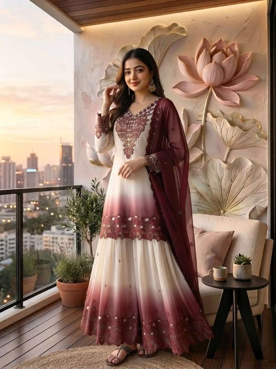 PD 1156 DUAL TONE GEORGETTE FABRIC BEAUTIFUL DESIGNER TOP PLAZZO AND DUPATTA SET 