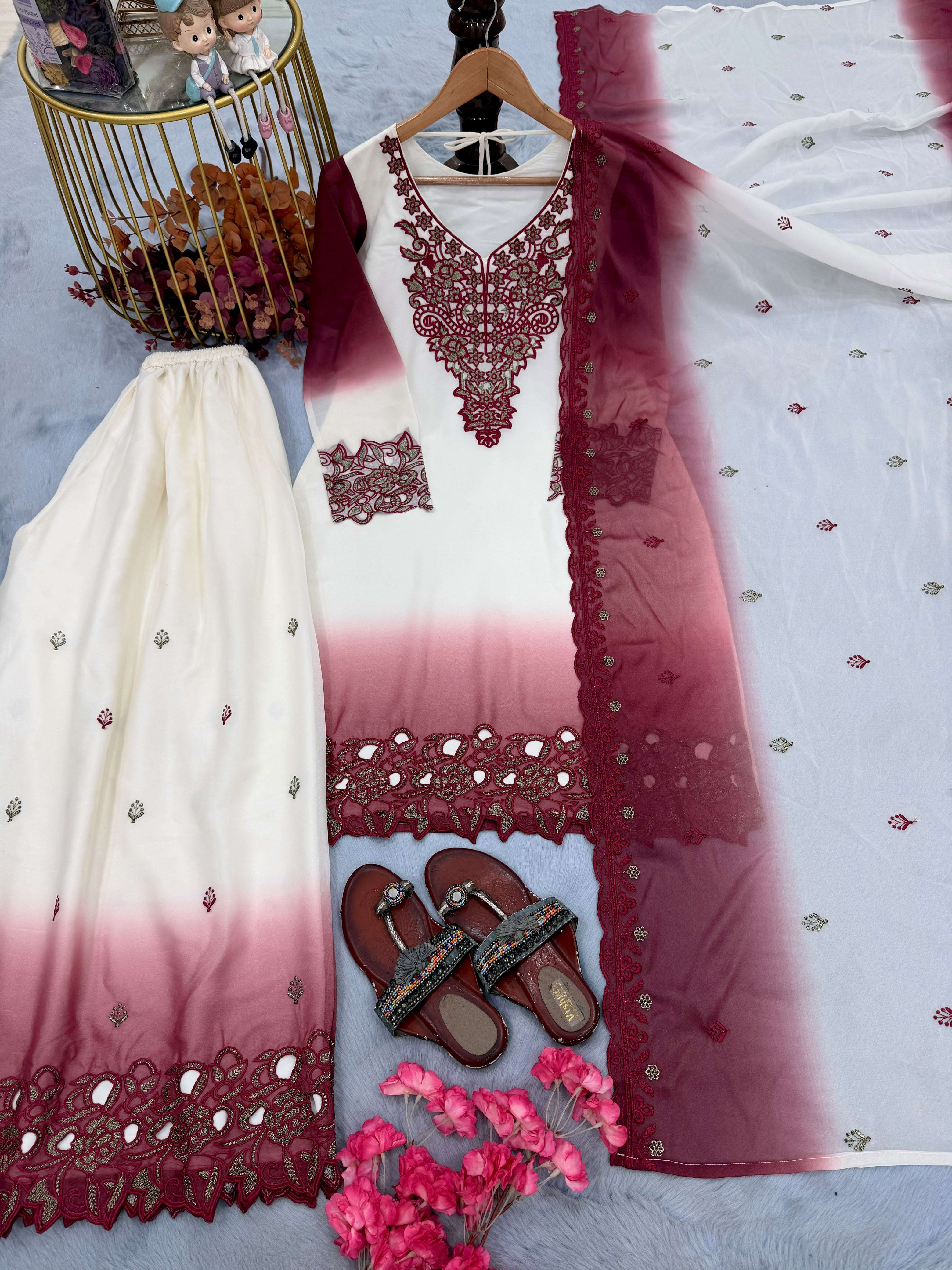 PD 1156 DUAL TONE GEORGETTE FABRIC BEAUTIFUL DESIGNER TOP PLAZZO AND DUPATTA SET 