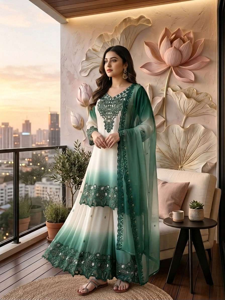 PD 1156 DUAL TONE GEORGETTE FABRIC BEAUTIFUL DESIGNER TOP PLAZZO AND DUPATTA SET 