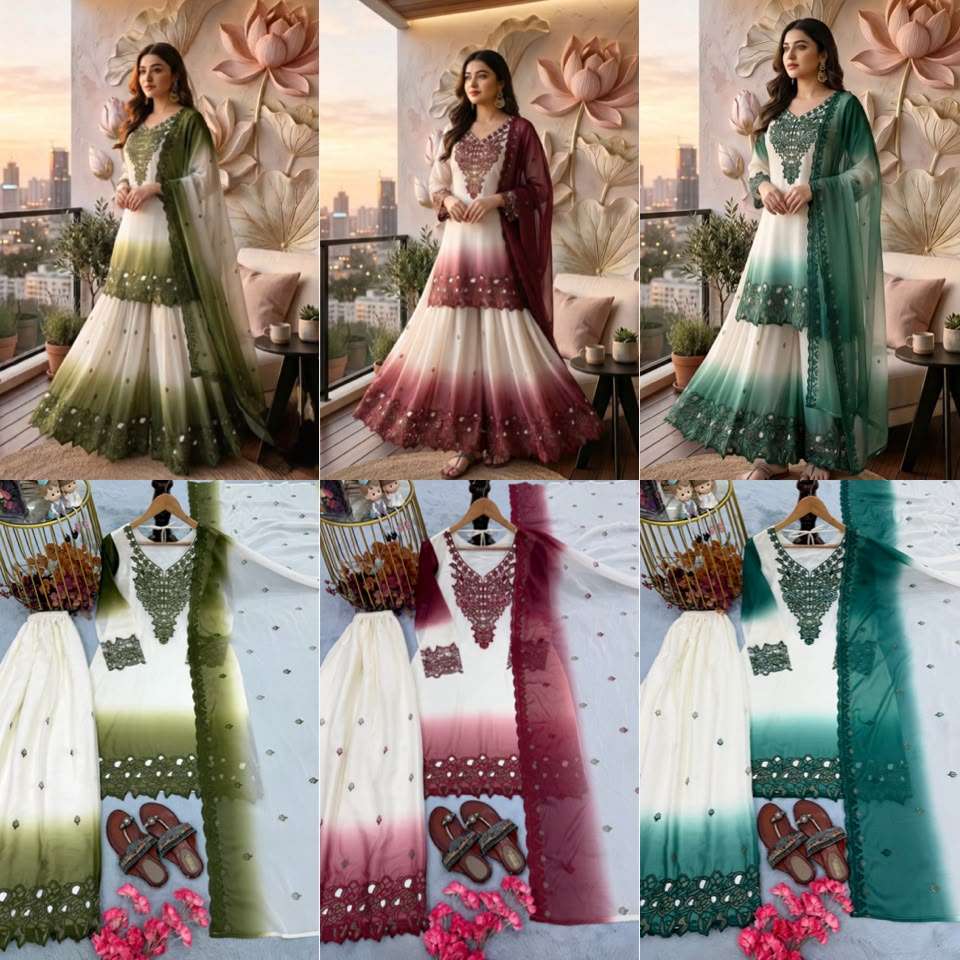 PD 1156 DUAL TONE GEORGETTE FABRIC BEAUTIFUL DESIGNER TOP PLAZZO AND DUPATTA SET 