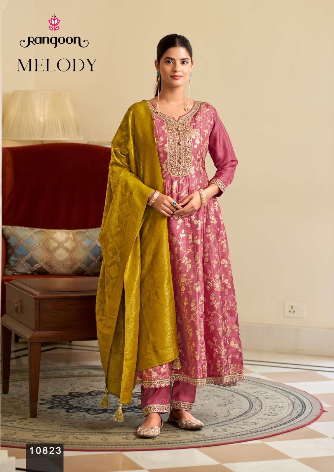 RANGOON MELODY JACQUARD DESIGNER WORK READY MADE ANARKALI STYLE SUIT