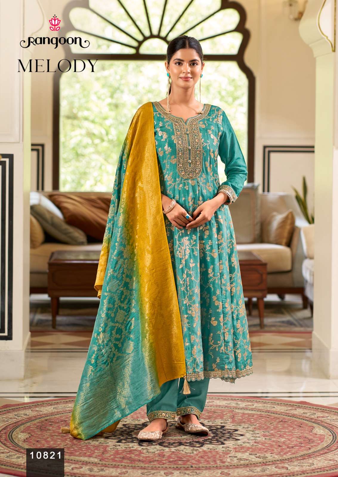 RANGOON MELODY JACQUARD DESIGNER WORK READY MADE ANARKALI STYLE SUIT
