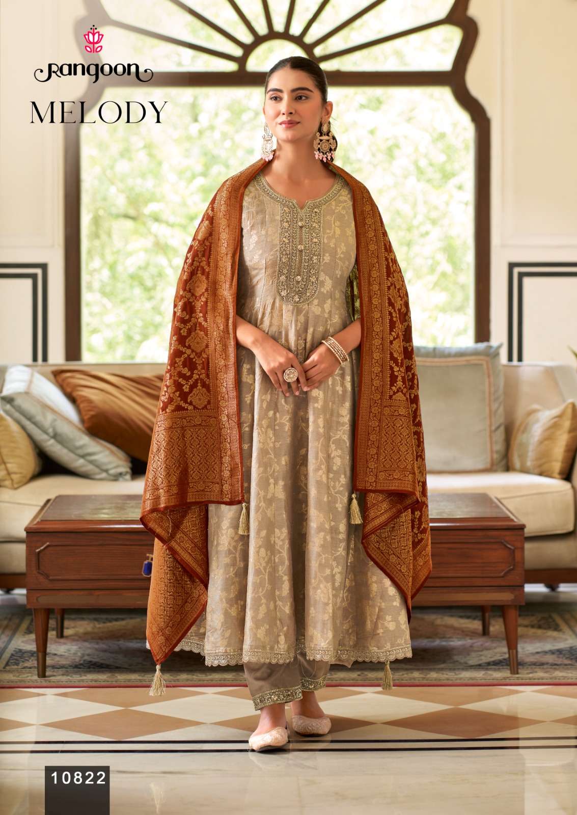 RANGOON MELODY JACQUARD DESIGNER WORK READY MADE ANARKALI STYLE SUIT