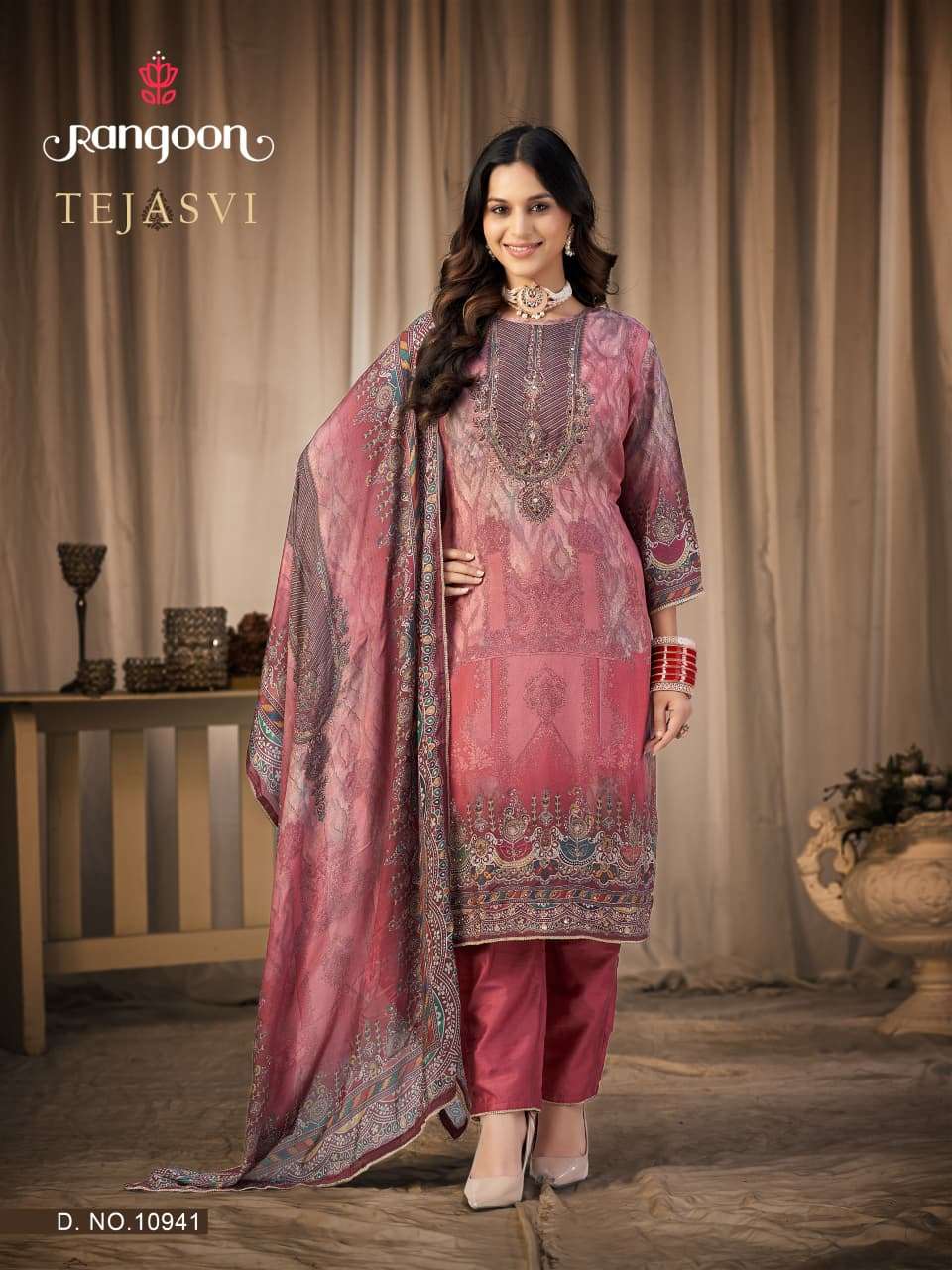 RANGOON TEJASVI MUSLIN DIGITAL PRINT WITH DESIGNER WORK READY MADE SUIT