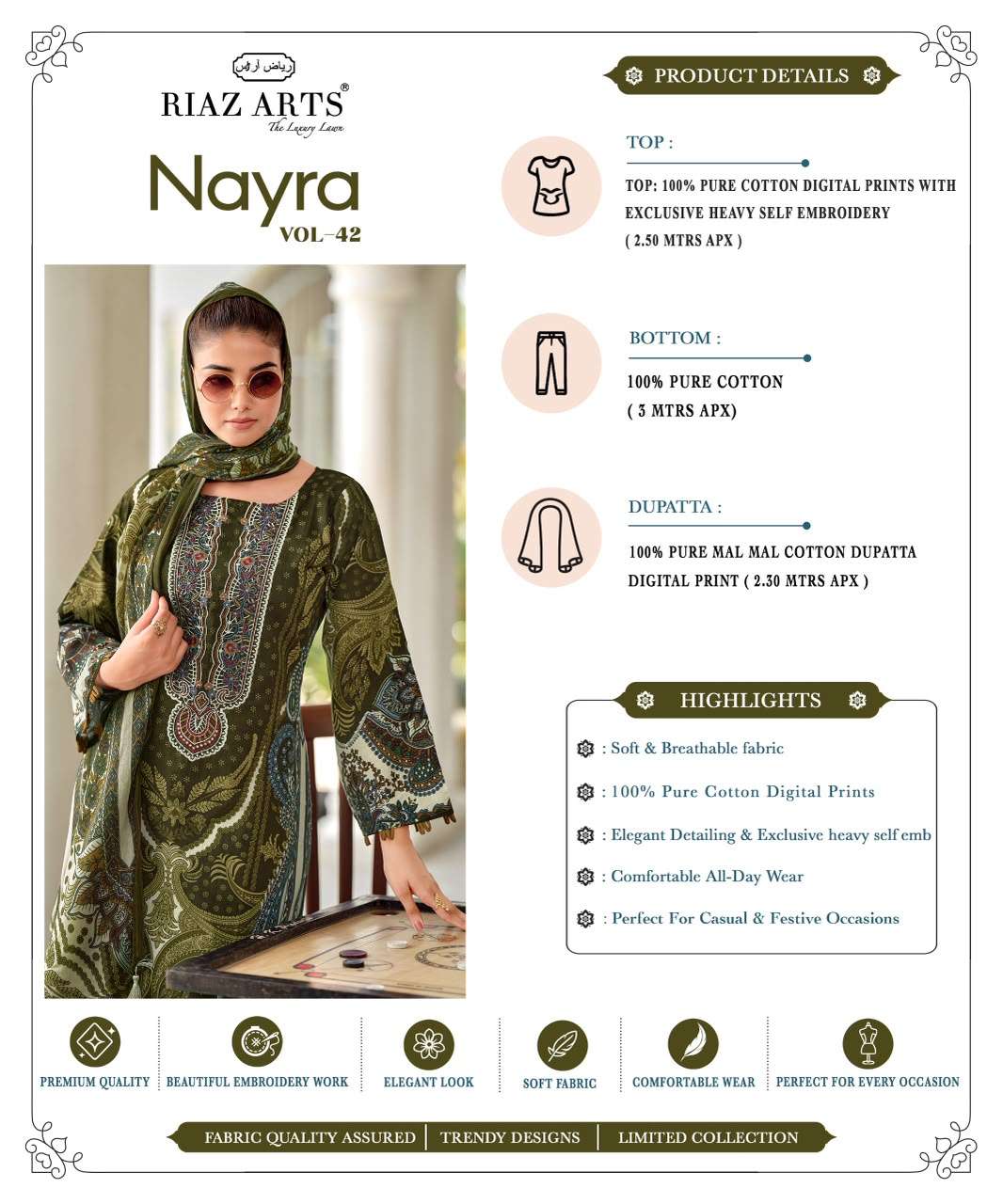 RIAZ ARTS NAYRA VOL 42 COTTON DIGITAL PRINTS WITH FANCY EMBROIDERY WORK SUIT