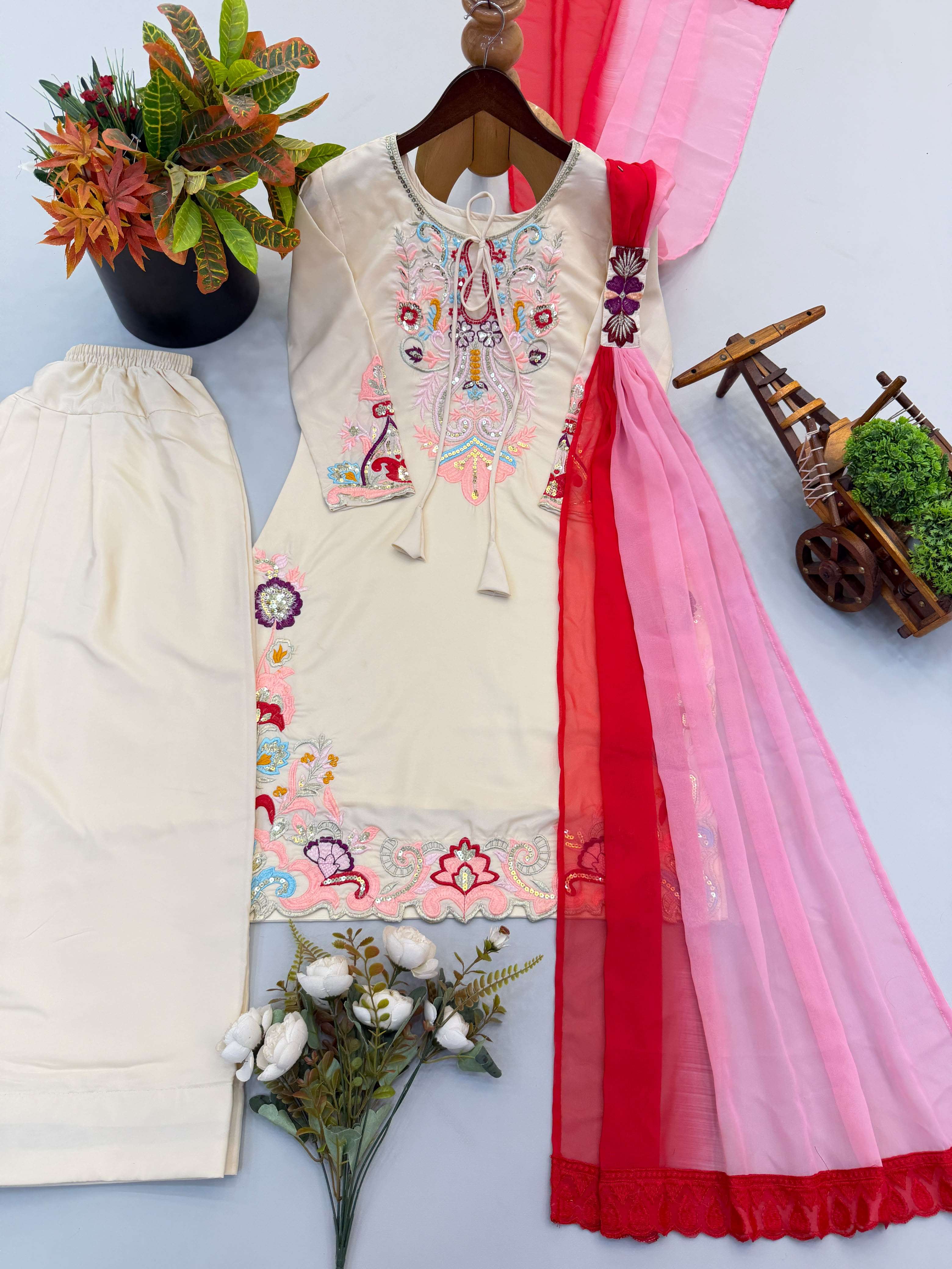 SR 1714 SATIN FABRIC BEAUTIFUL DESIGNER LOOK PARTY WEAR LADIES TOP FARSHI PLAZZO AND DUPATTA SET 